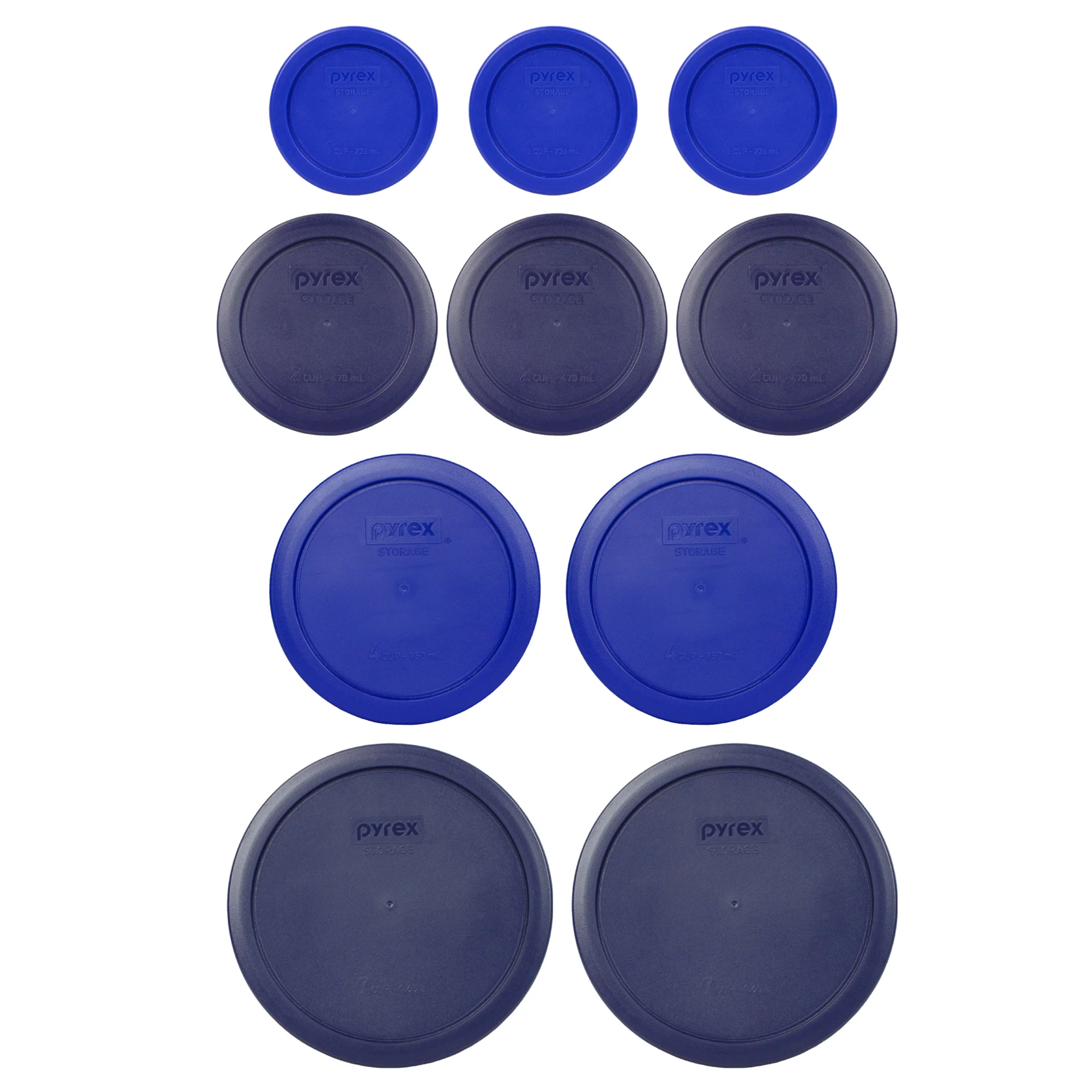 Pyrex Replacement Lid (3) 7202-PC Cadet Blue, (3) 7200-PC 2-Cup Dark Blue, (2) 7201-PC 4-Cup Cadet Blue, and (2) 7402-PC 6/7-Cup Dark Blue Cover Combo, Dishes Sold Separately