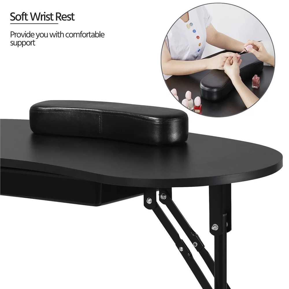 Alden Design Folding Manicure Table with Lockable Wheels and Bag, Black