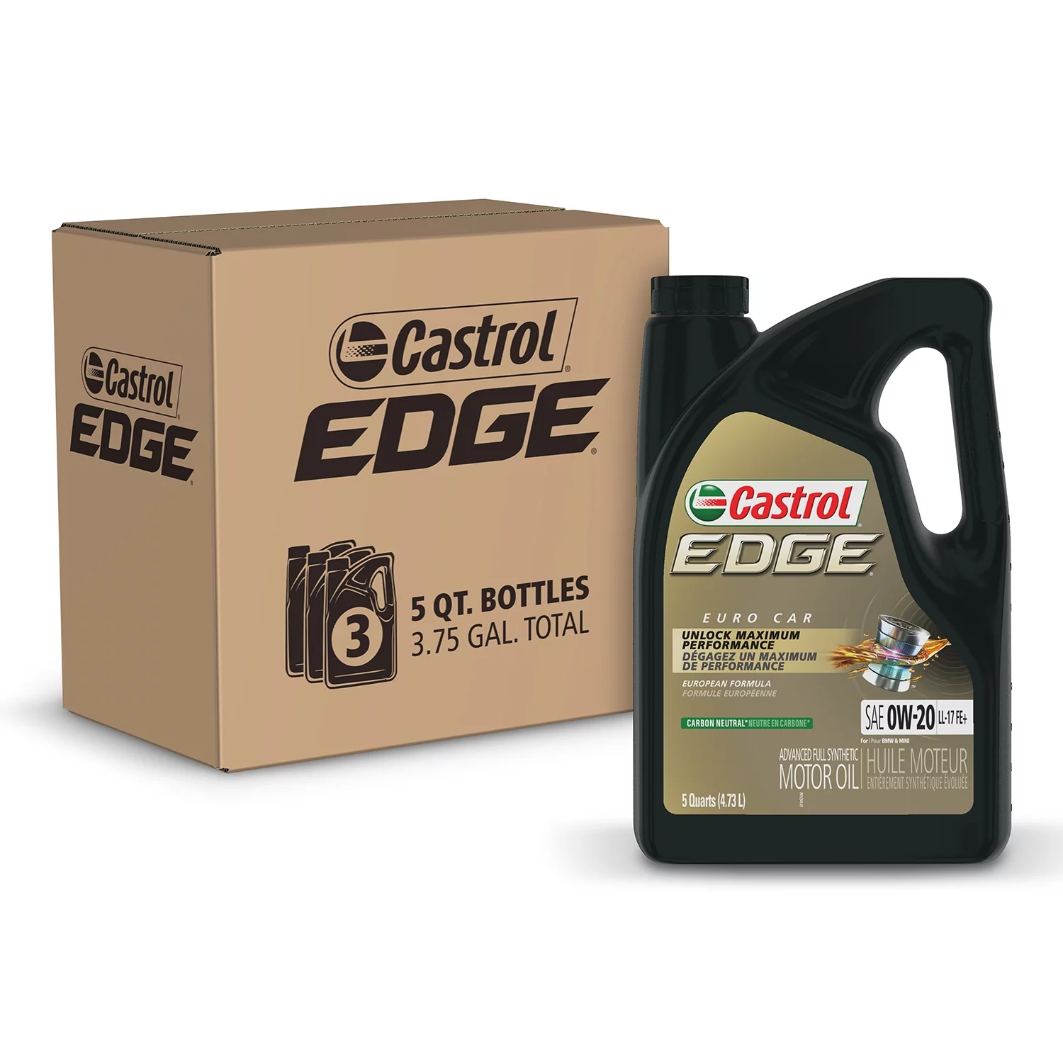 Castrol Edge 0W-20 LL-17 FE+ Advanced Full Synthetic Motor Oil, 5 Quarts, Case of 3