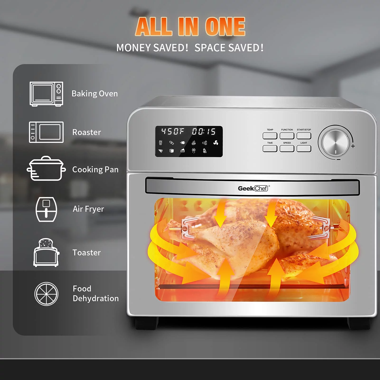 Geek Chef Air Fryer Toaster Oven 24QT 6 Slice Convection Toaster Oven Countertop Oven,Roast,Bake,Broil,Reheat,Rotisserie,Fry Oil-Free,Cooking Accessories Included,Digital Control,Stainless