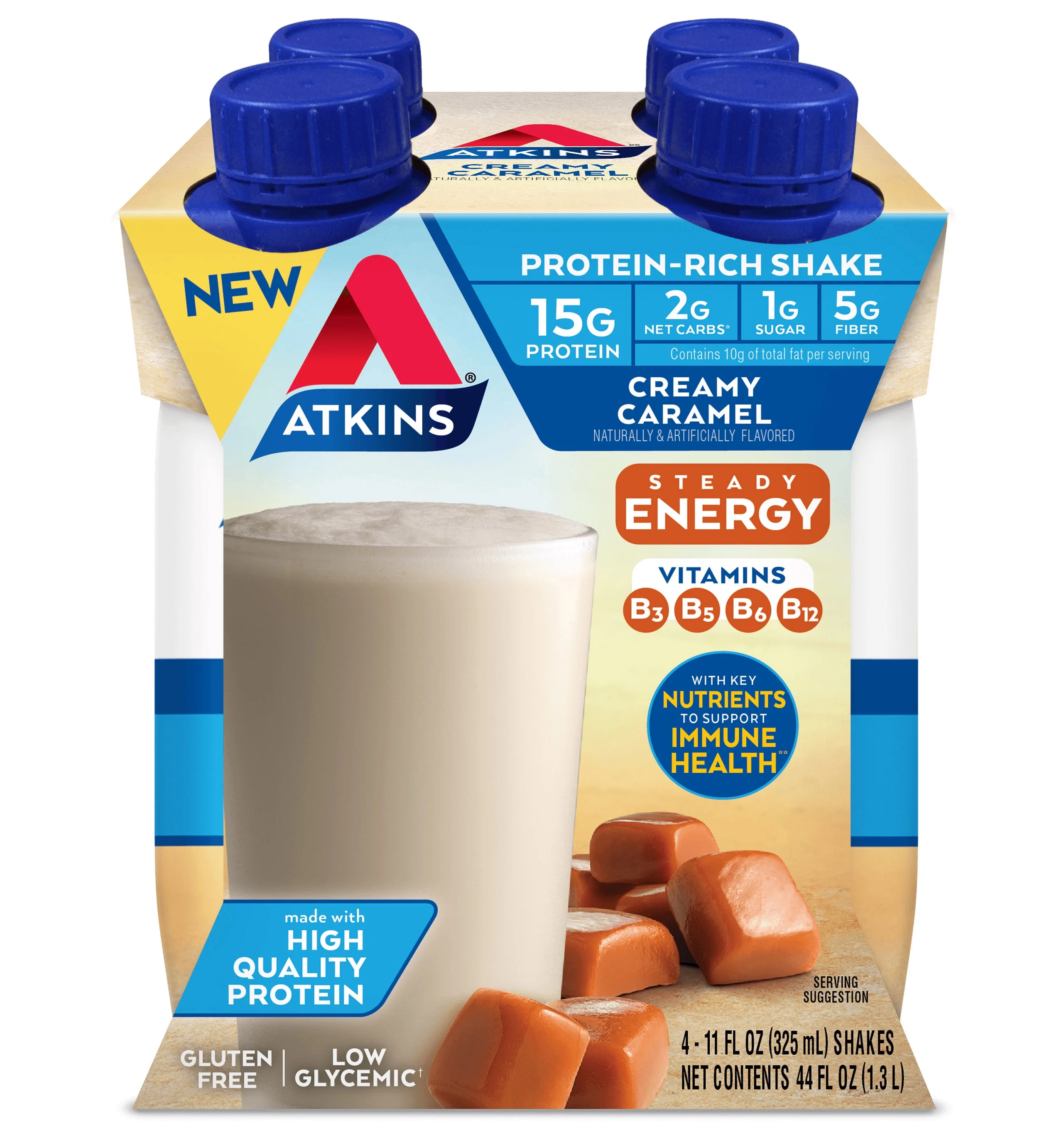 Atkins Steady Energy Protein-Rich Meal Replacement Shake, Creamy Caramel, 11 fl oz, 4 Count, 3 Pack