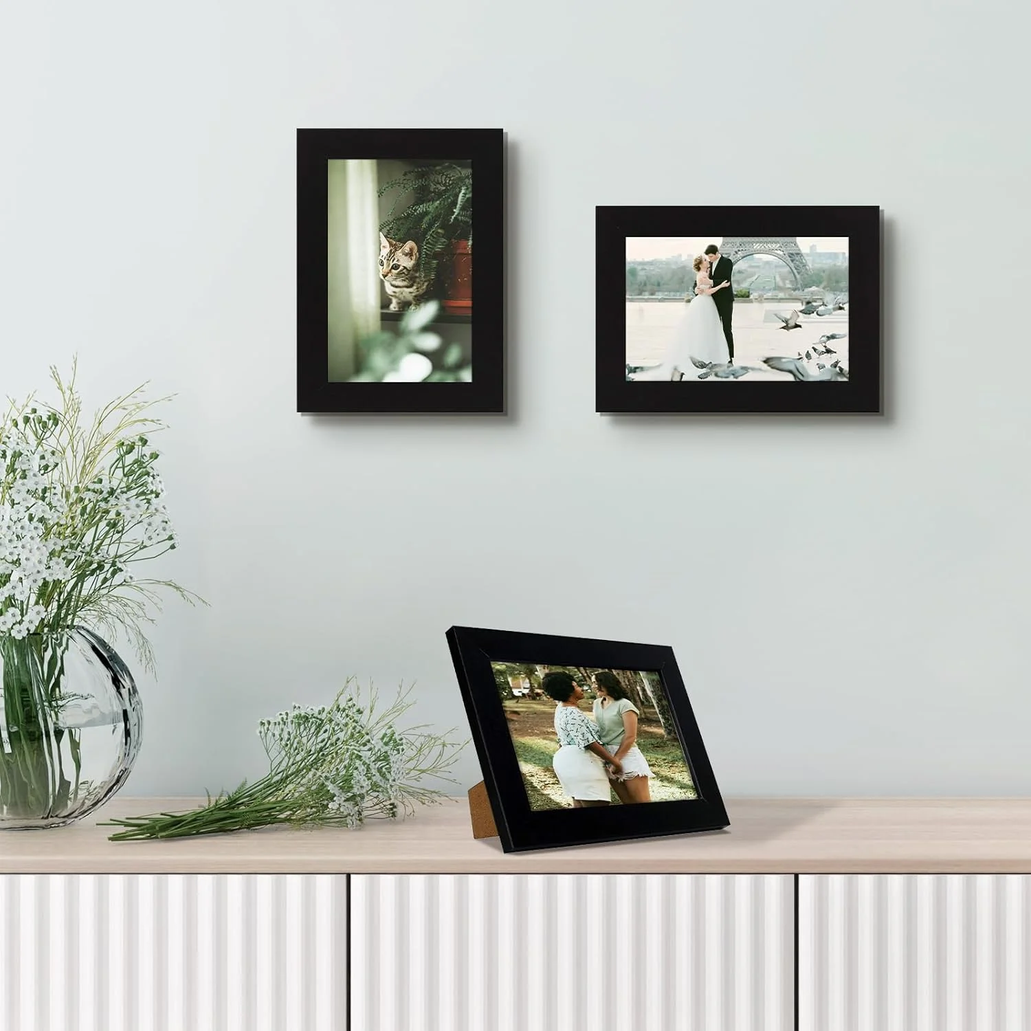 Golden State Art 5x7 Picture Frames Set of 8, Black Gallery Wall Frame Collage, Thin Tabletop Family Frame with Plastic Cover, Horizontal or Vertical Displays (8-Pack)