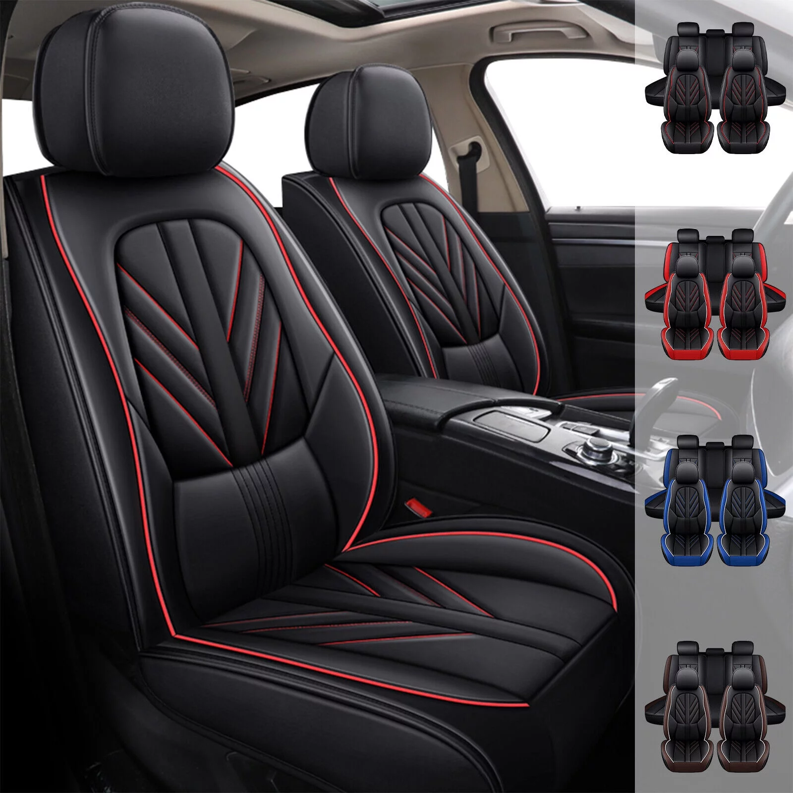 For Toyota Car Seat Cover, 5 Seat Waterproof Auto Seat Protector with Pillow, Pu Leather Front Rear Seat Full Set for Avalon/ Corolla/ Prius/ RAV4/ Sequoia/ Yaris Black w/ Red Line