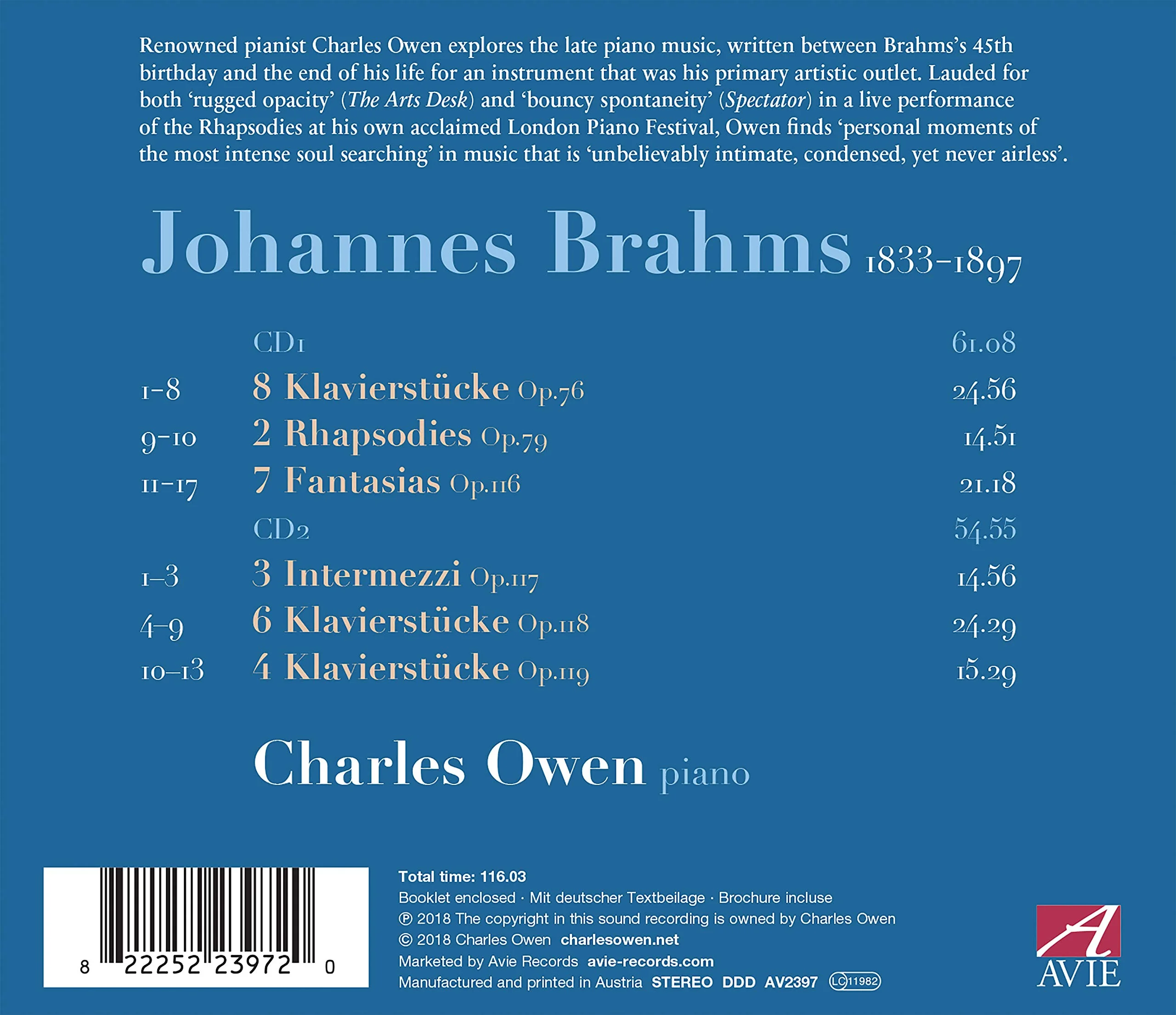 Brahms: Late Piano Music Opp. 76, 79, 116-119 (CD) by Charles Owen (piano)