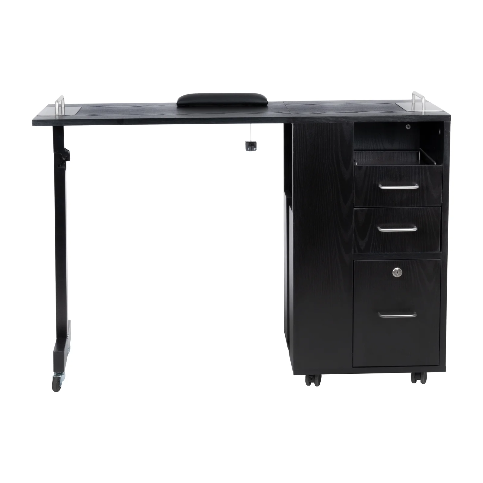 Taylor Manicure Table Nail Desk, Versatile Foldable Station, Adjustable Length with Storage Cabinet for Salon Home Studio, Black Wood Grain