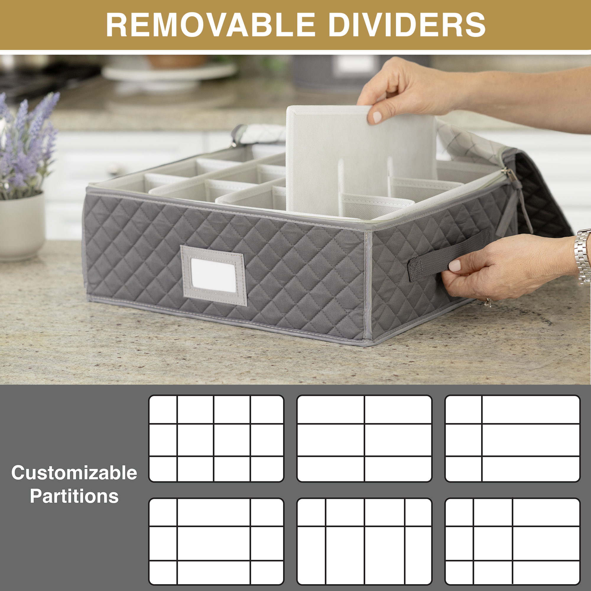 China Cup Storage Chest - Quilted Fabric Container in Gray Measuring 16