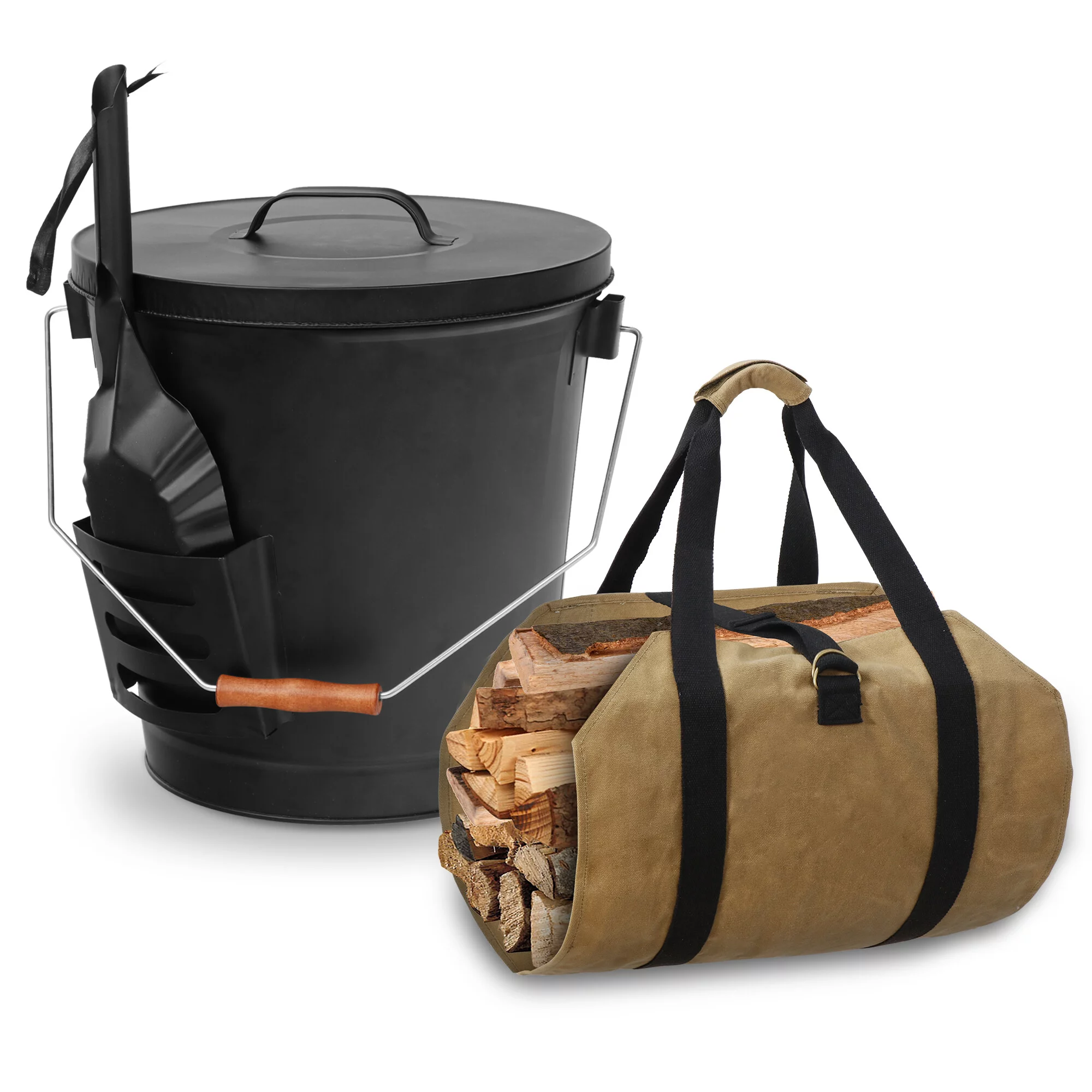 HomGarden 5.15Gal Galvanized Ash Bucket W/Lid & Shovel + Firewood Log Carrier Tote