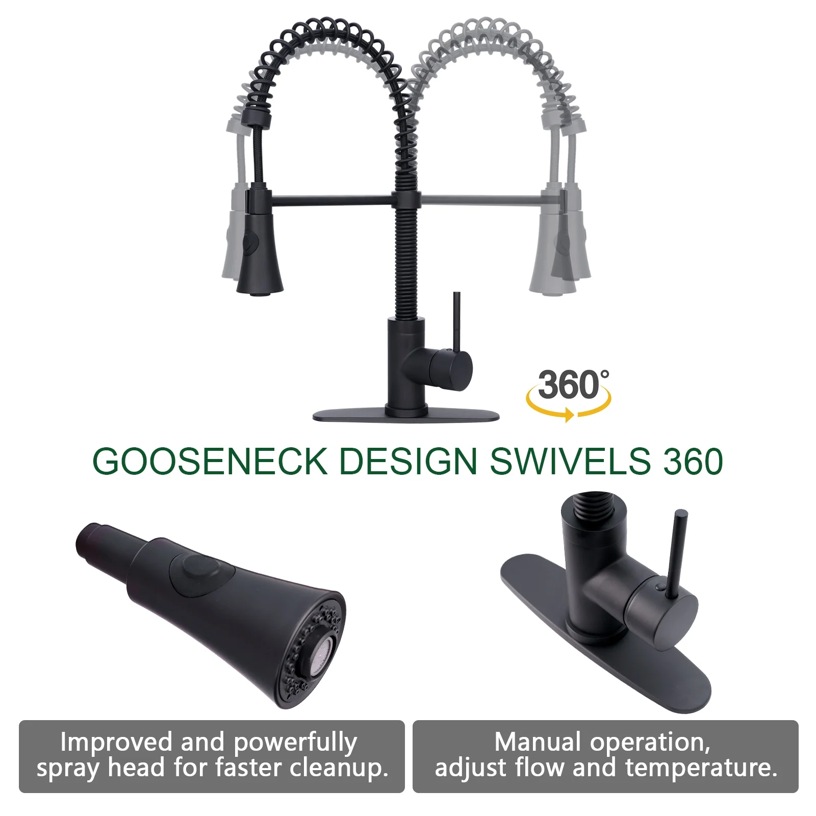 Akicon Pre-Rinse Spring Kitchen Faucet , Single Handle Solid Brass High Arc Pull Down Sprayer Head Kitchen Sink Faucet with Deck Plate - Brushed Gold