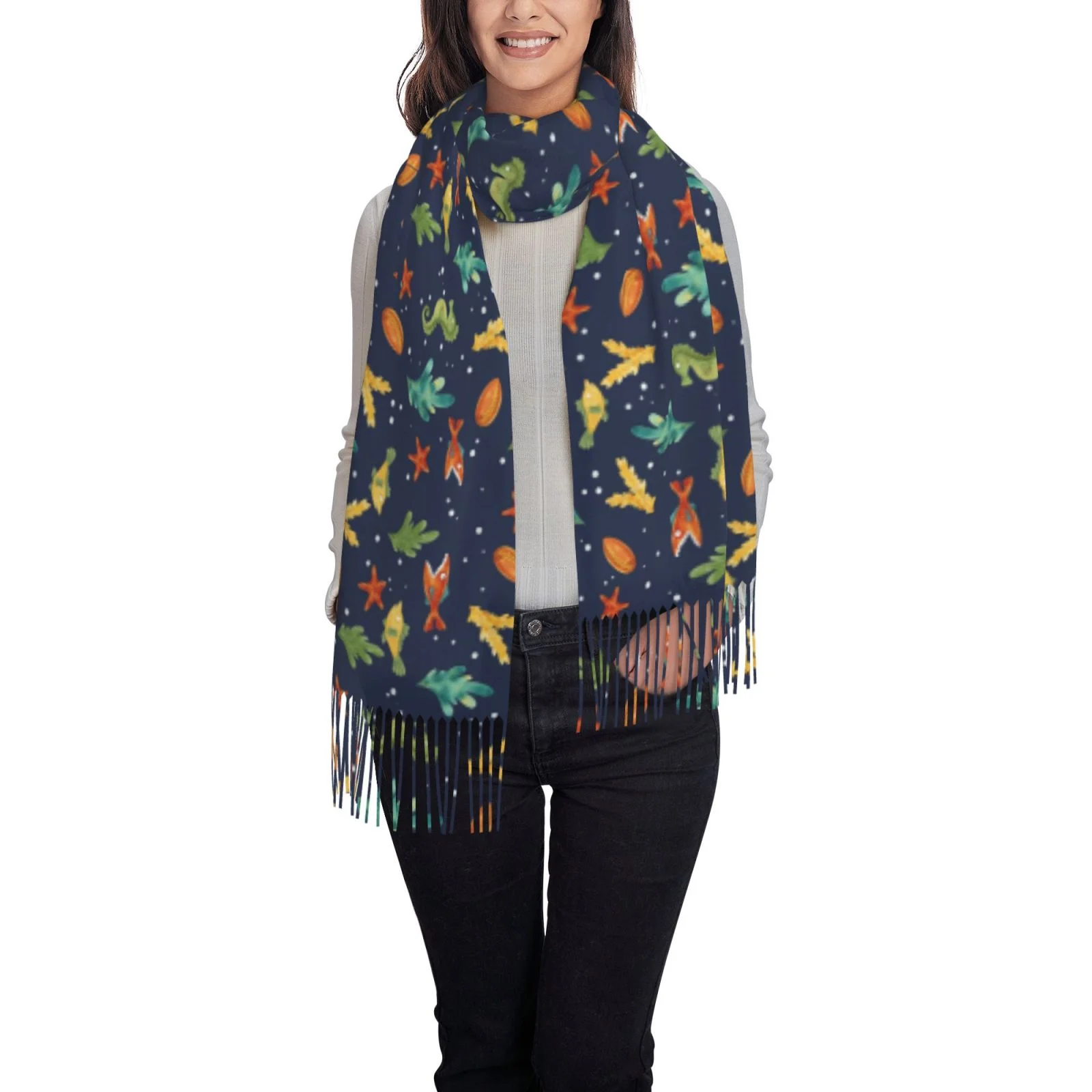 Ocsxa Scarf Shawl Wraps For Women Soft Cashmere Scarf Shells And Seaweed Printed Large Blanket Scarf