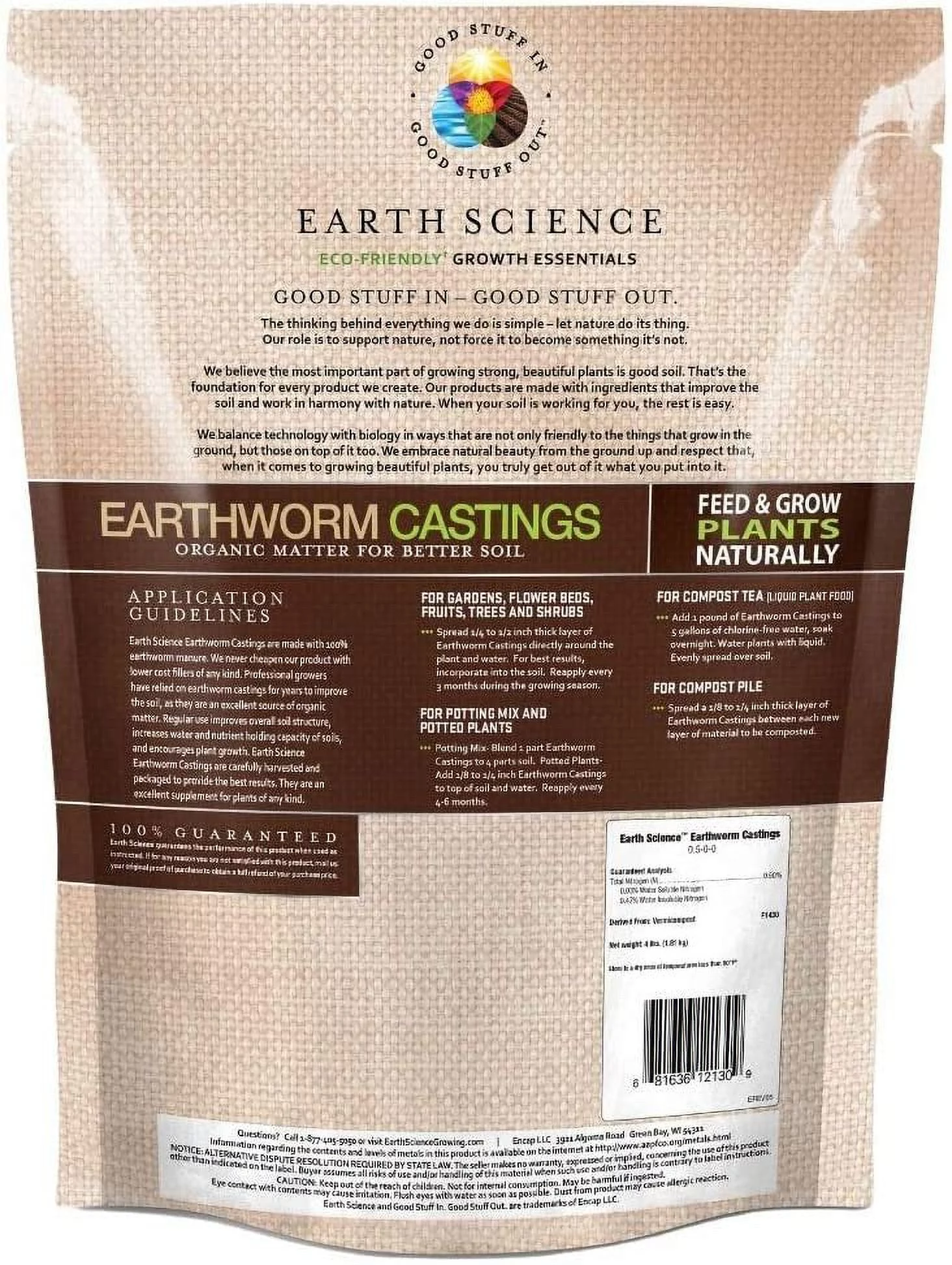 Earth Science Earthworm Castings 4lb Natural Fertilizer, Organic Matter, Soil Builder