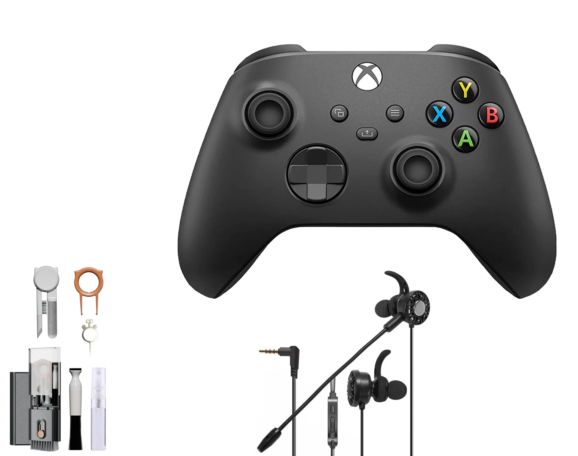 Microsoft Xbox Wireless Carbon Black Controller for Xbox Console + Wired Earbuds With Cleaning Kit BOLT AXTION Bundle Like New