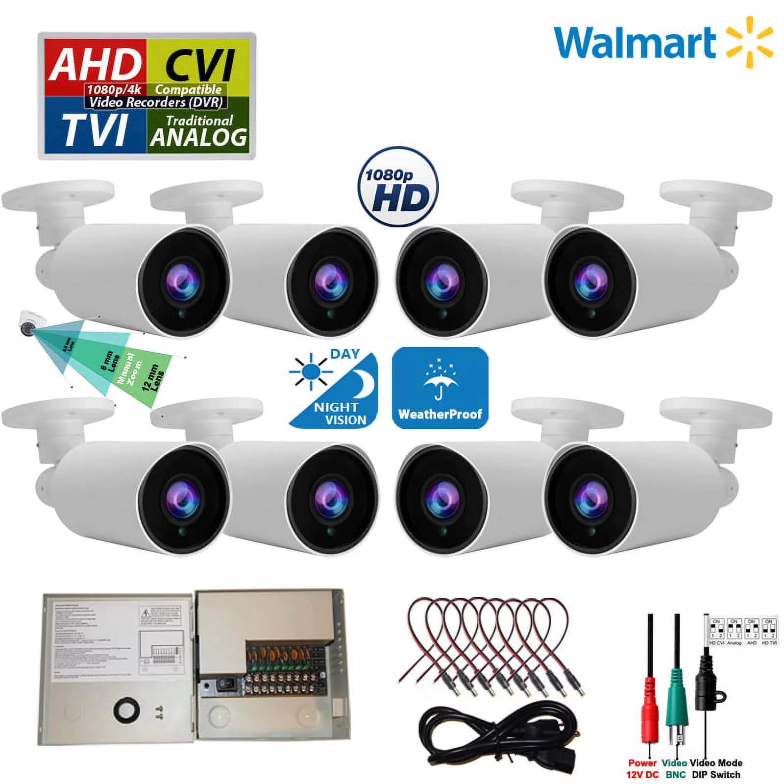 Evertech 8 pcs 1080P HD TVI AHD CVI Day Night Vision CCTV Security Camera w/ Power Supply