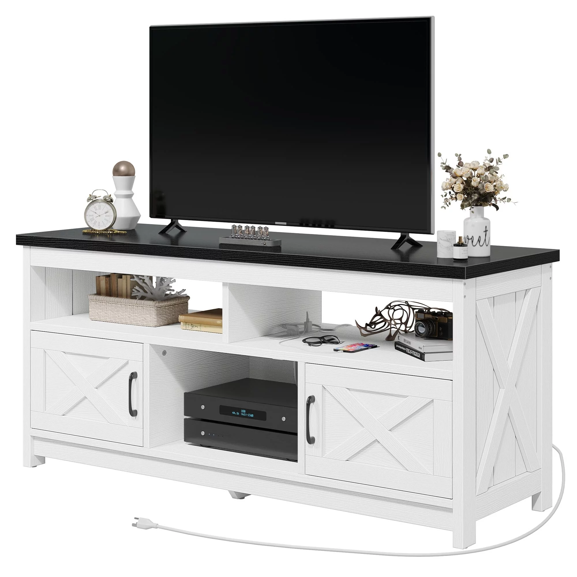 WedealFu Inc Farmhouse 59-inch Barn Door TV Stand with Power Outlet Black Top/White