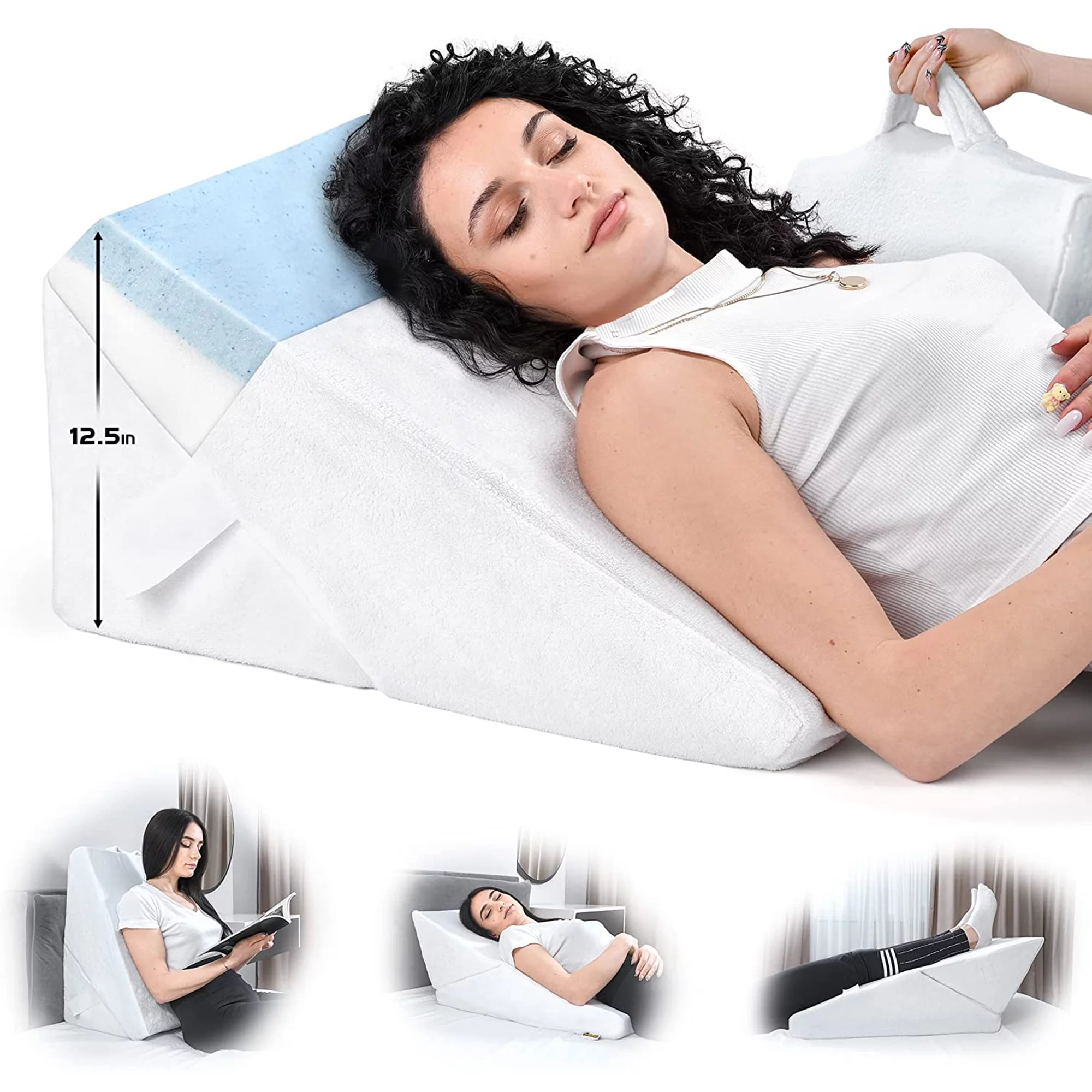 ONDEKT Wedge Pillow for Sleeping Multipurpose Pillows with Cooling Gel Memory Foam Top, White