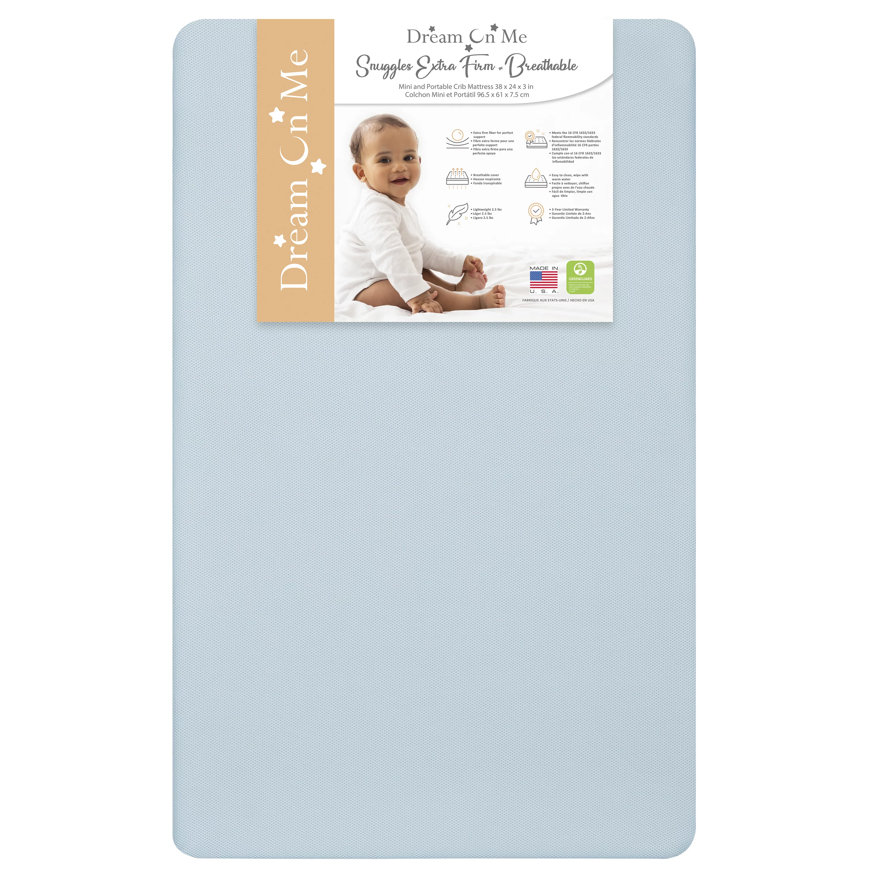 Dream On Me Snuggles Breathable Extra Firm Baby Portable/Mini Crib Fiber Mattress, Blue Mist