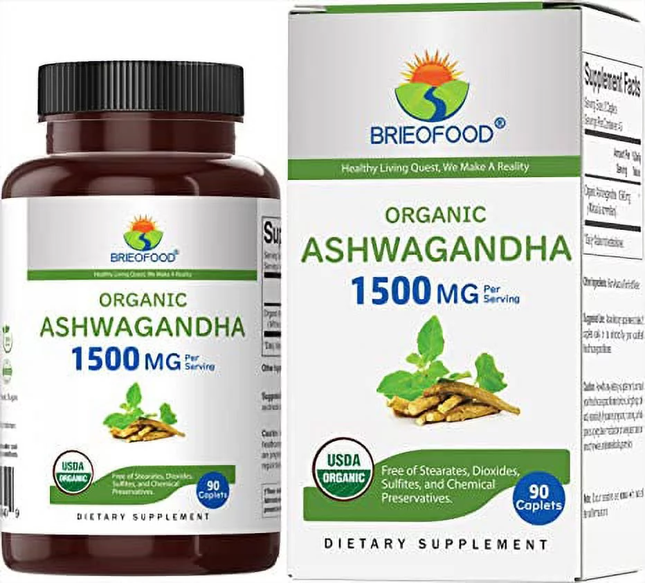 Brieofood Organic Ashwagandha 1500mg, 45 Servings, Vegetarian, Gluten Free, 90 Vegetarian Tablets