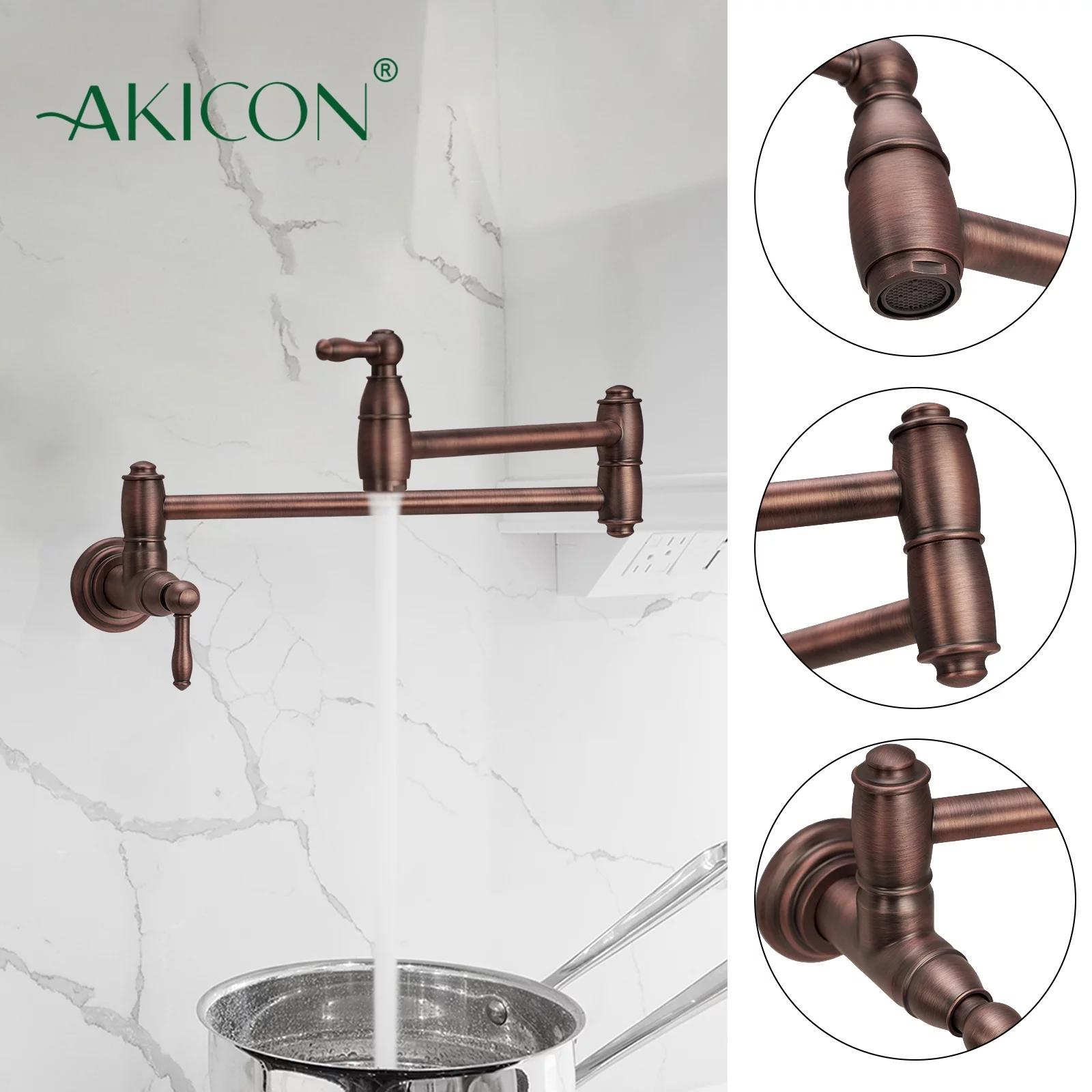 Akicon Copper Pot Filler Kitchen Faucet, Solid Brass Wall-Mounted Faucet - Antique Bronze
