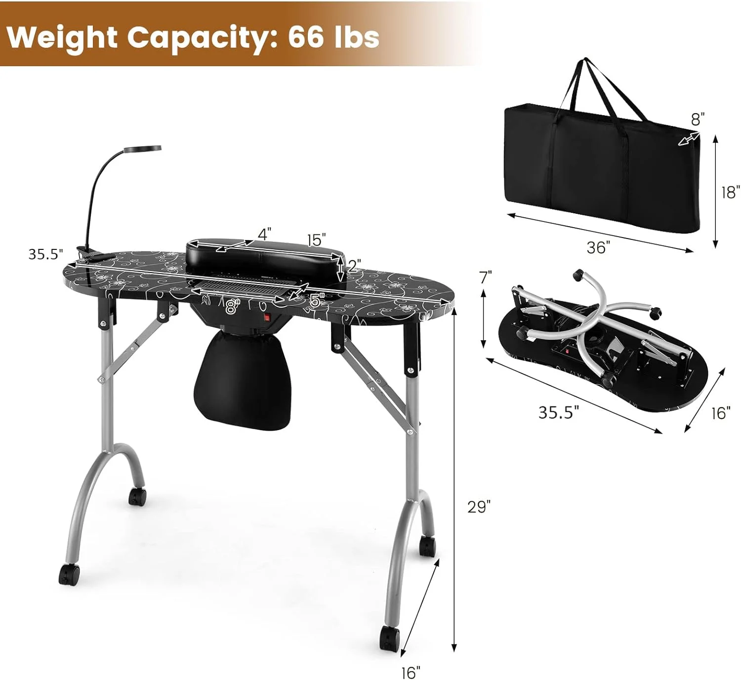 YiSHOP Nail Table for Nail Tech, Portable Manicure Table with Electric Dust Collector, USB-Plug LED Lamp, Wrist Rest, 4 Lockable Wheels, Foldable Nail Desk with Carry Bag (Black)