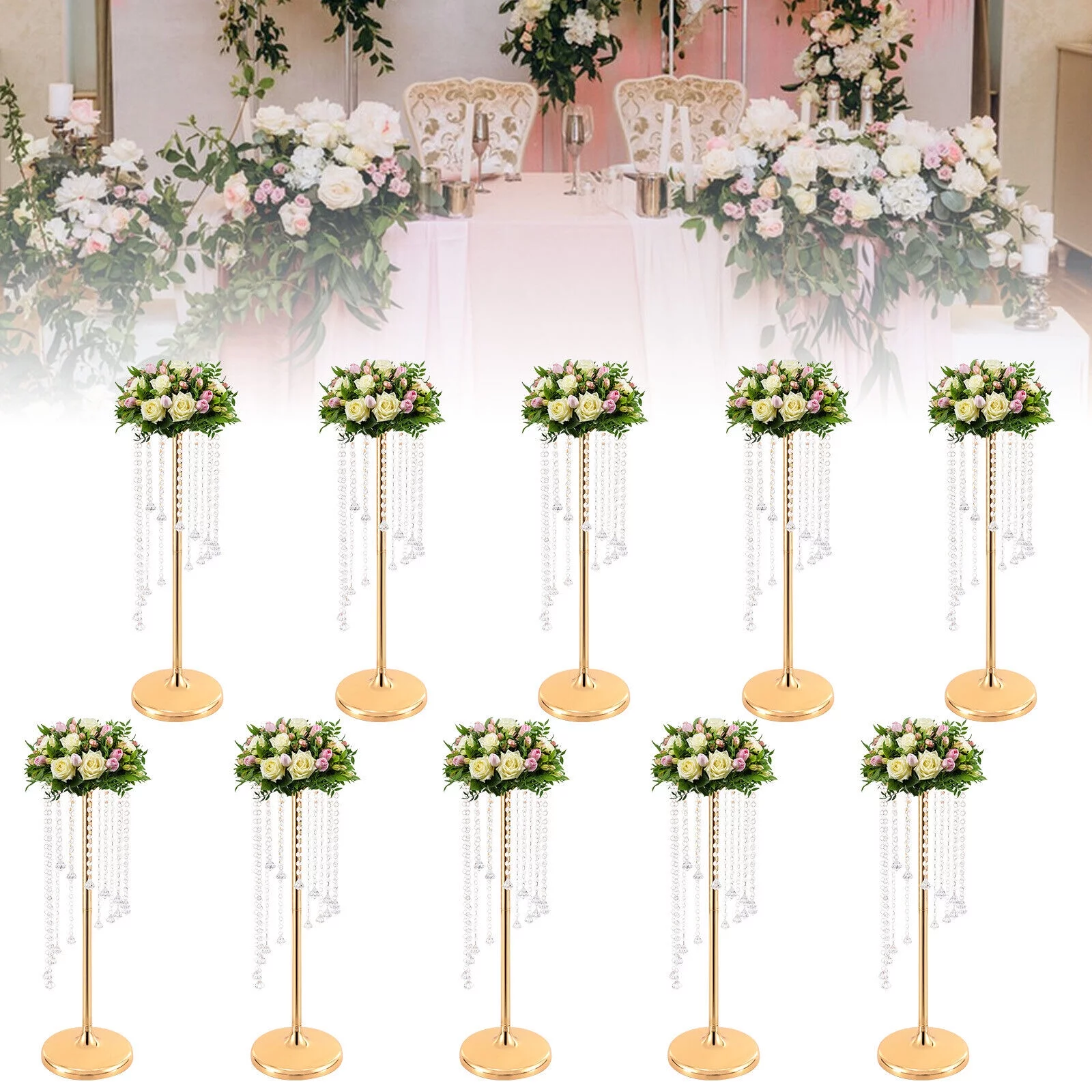 10Pcs 27.5 inch Tall Gold Vases Crystal Flower Vase For Wedding Centerpieces Decor