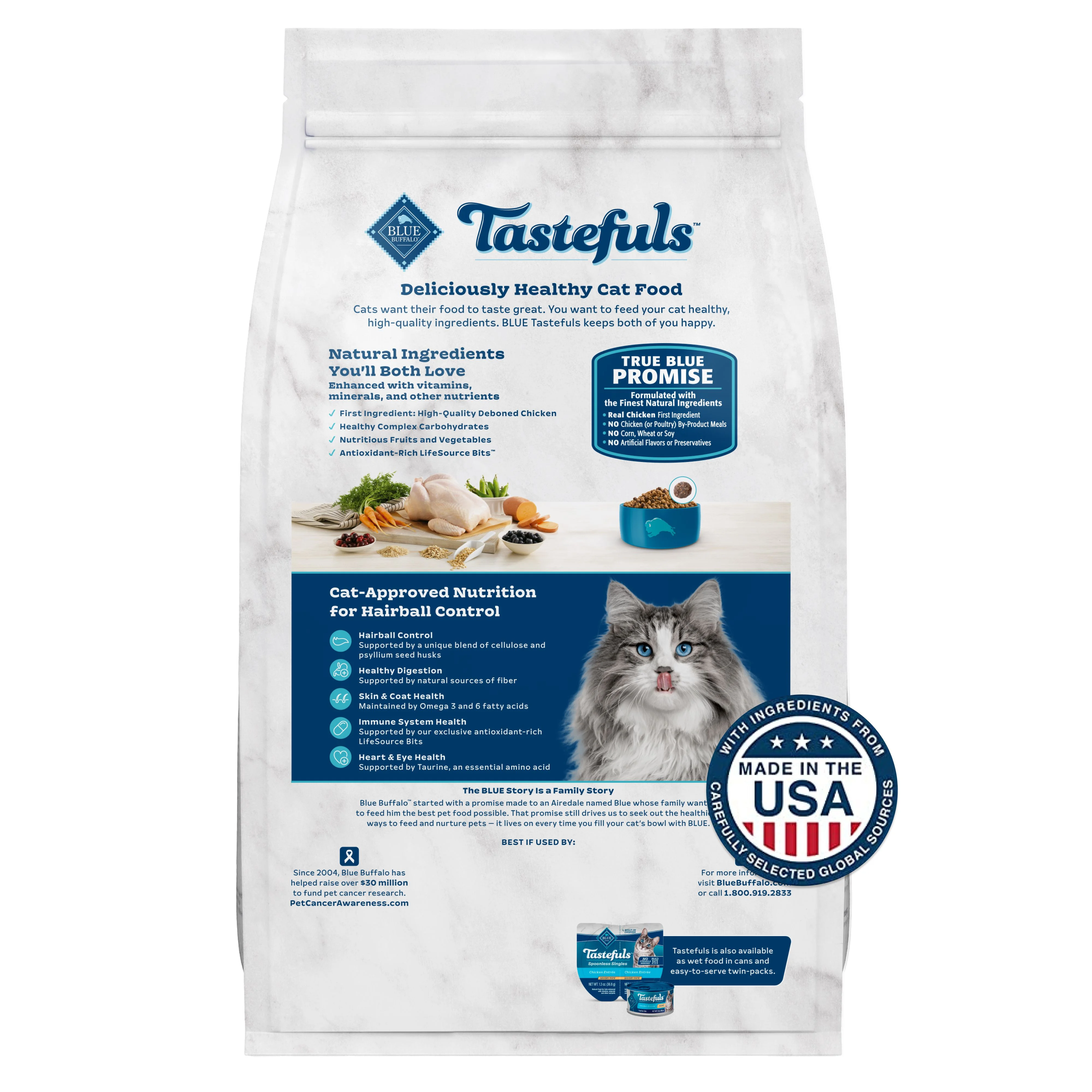 Blue Buffalo Tastefuls Adult Dry Cat Food for Hairball Control, Chicken & Rice, 3-lb. Bag