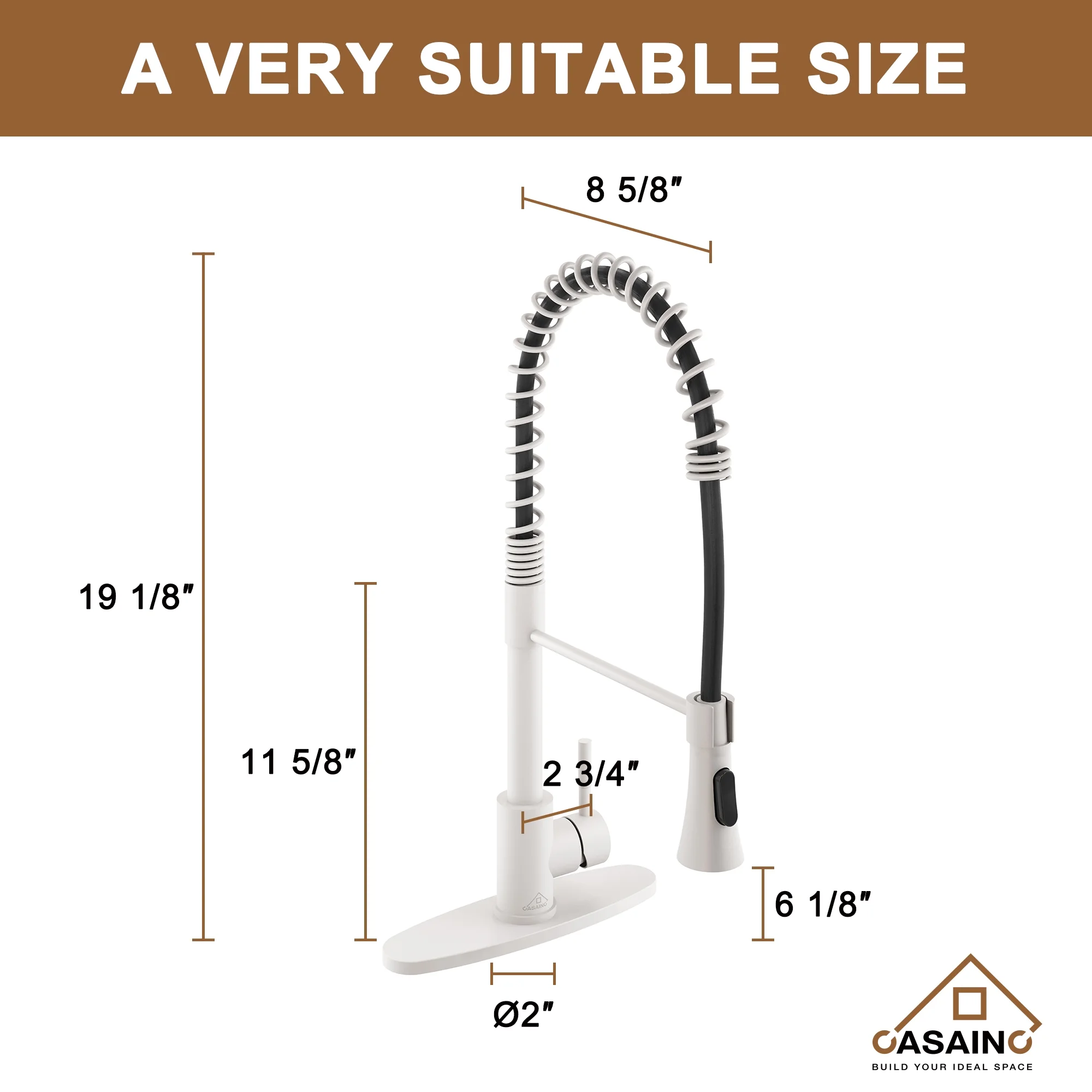 Single Handle Spring Standard Kitchen Faucet Deck Mounted Kitchen Sink Faucet with Dual-Function Sprayhead and Deck Plate in Matte White