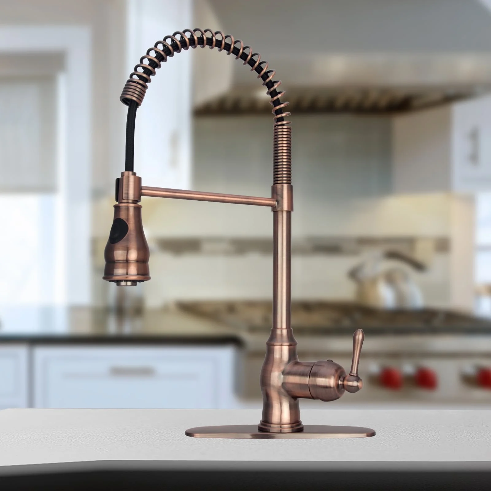 Akicon Copper Pre-Rinse Spring Kitchen Faucet, Single Level Handle and Pull Down Sprayer Antique Copper Copper Finish