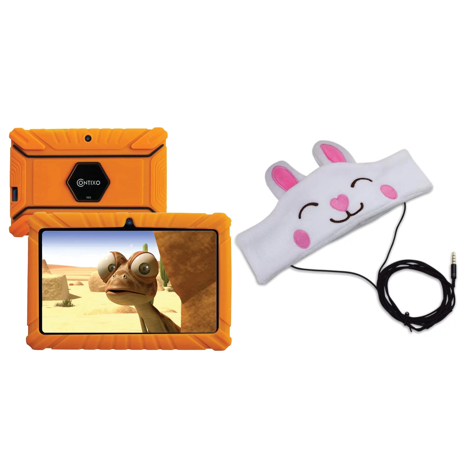 Contixo V8-2 Orange 7-Inch Kids Tablet with 16GB Storage & H1-Rabbit Kid's Fleece Headphones (Rabbit)