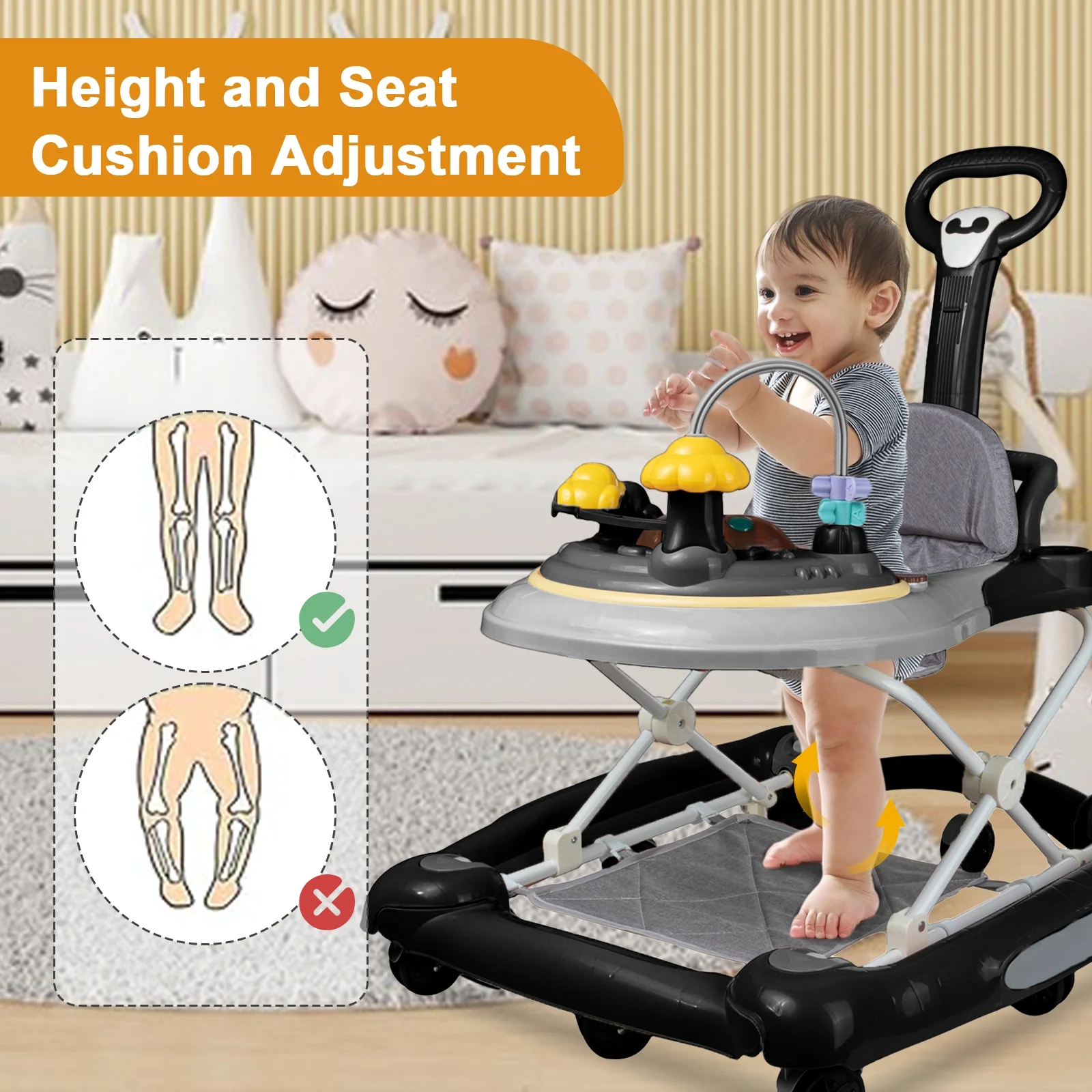 SLLINGLUO Music Lights Baby Walker for Boys and Girls, Infant Walker with Toys, Adjustable(Black)