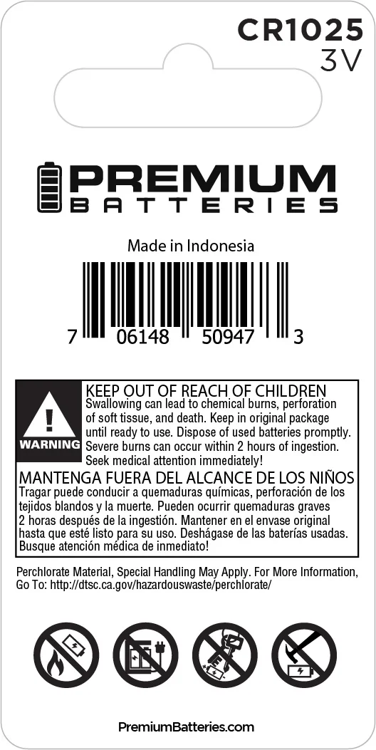 Premium Batteries Renata CR1025 3V Child Safe Lithium Coin Cell (2 Count)