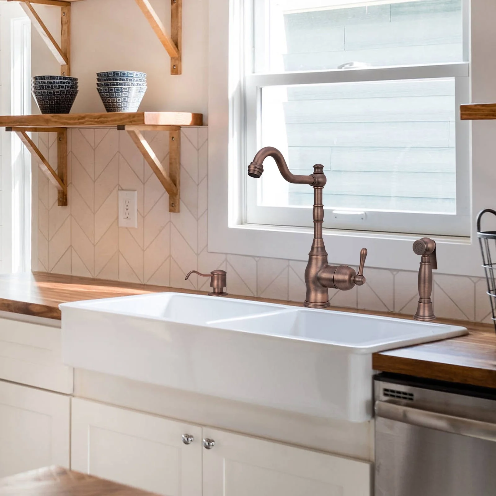 Akicon One-Handle Copper Widespread Kitchen Faucet with Side Sprayer Oil Rubbed Bronze Oil Rubbed