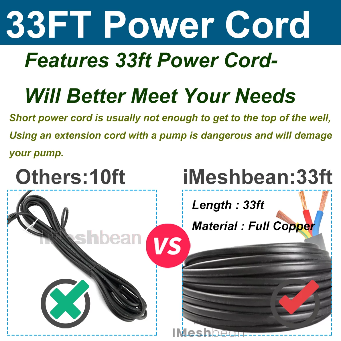 iMeshbean Deep Submersible Well Pump 1HP 33GPM 272ft Head with 33ft Electric Cable,110V 1.25
