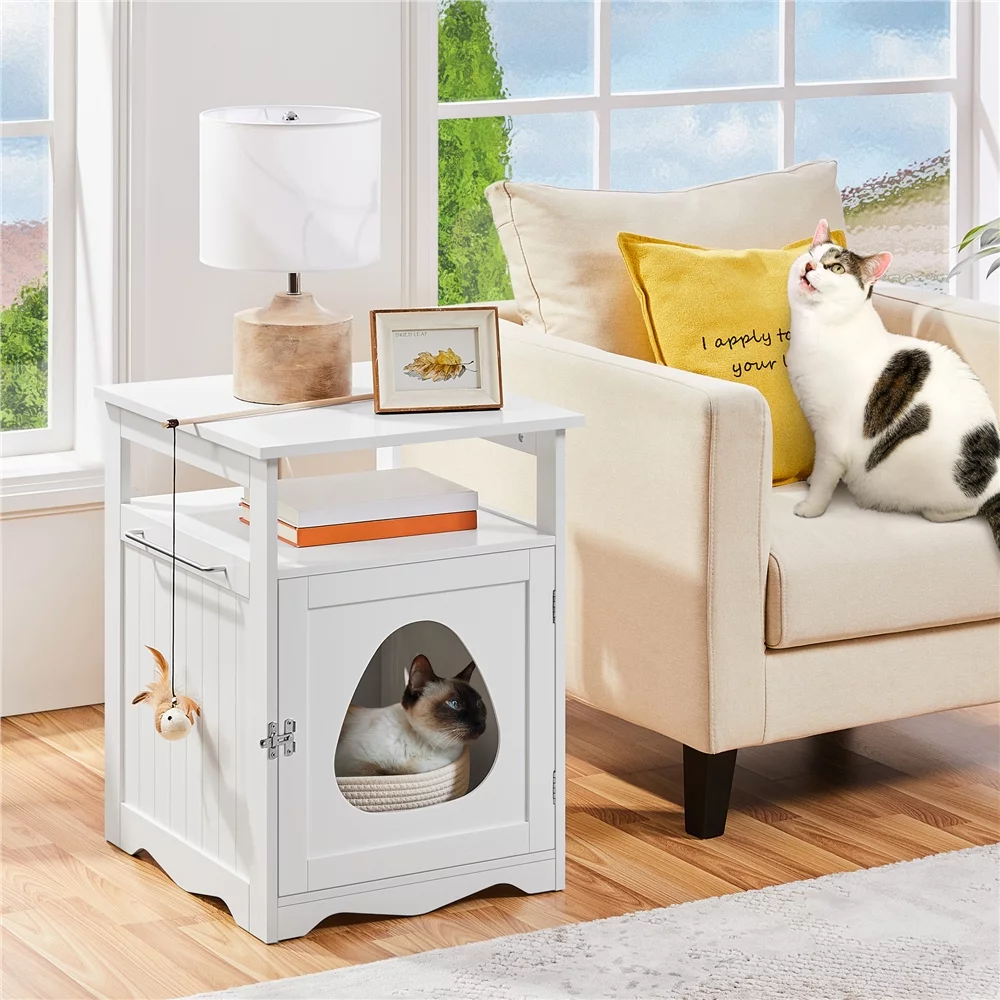 Topeakmart Indoor Wooden Cat Litter Box Enclosure with Open Shelf, White