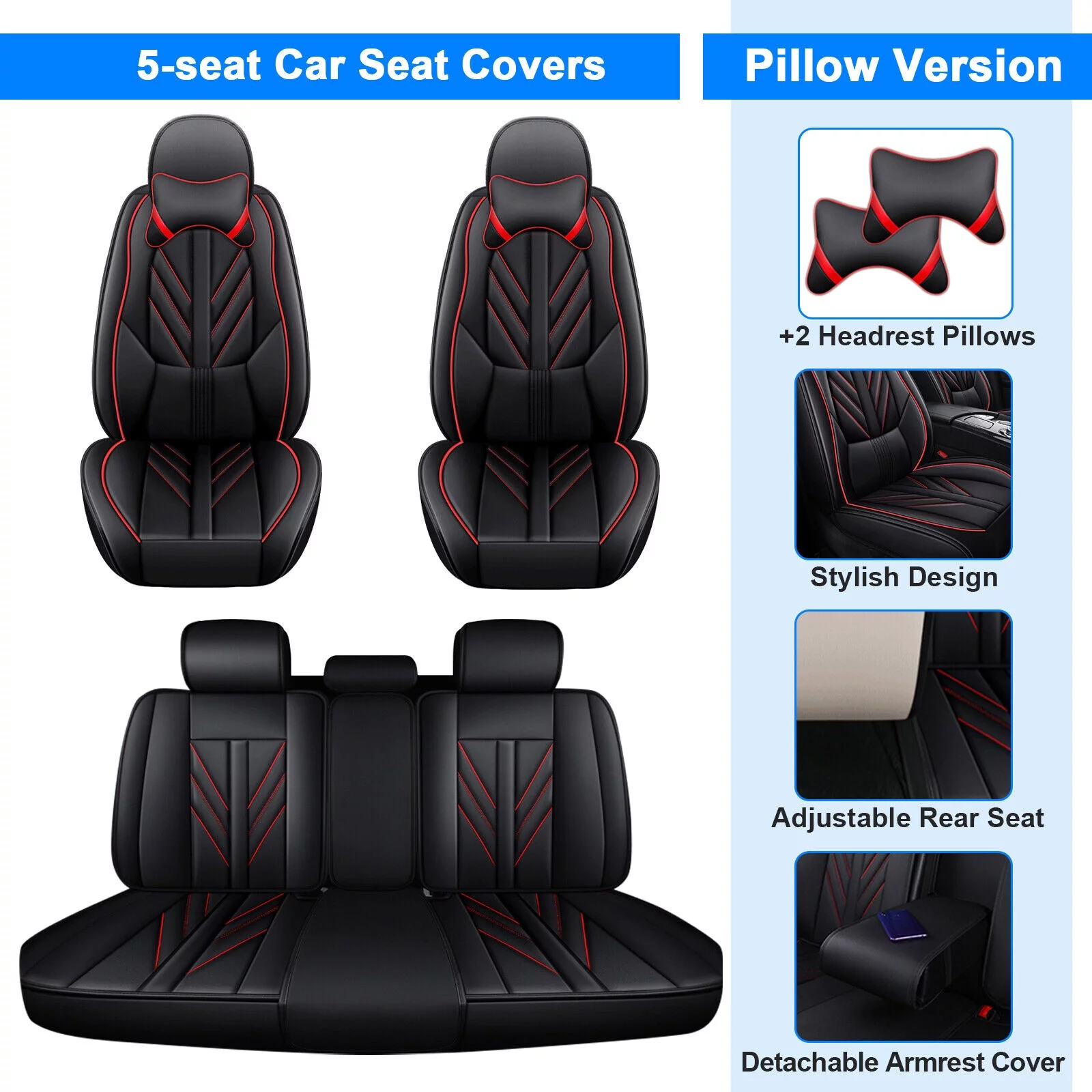 For Toyota Car Seat Cover, 5 Seat Waterproof Auto Seat Protector with Pillow, Pu Leather Front Rear Seat Full Set for Avalon/ Corolla/ Prius/ RAV4/ Sequoia/ Yaris Black w/ Red Line