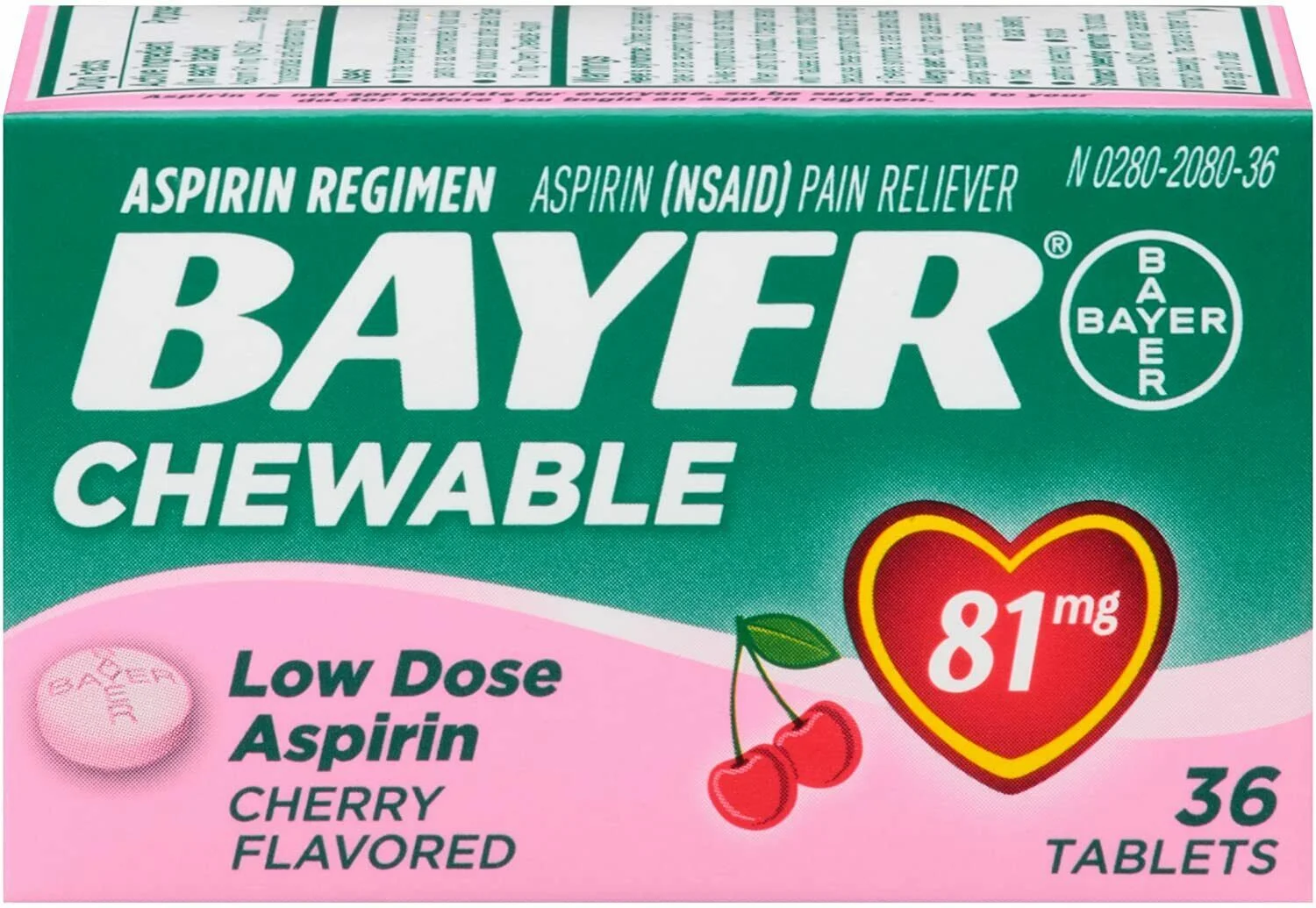 Bayer Chewable Low Dose 'Baby' Aspirin 81 mg Tablets Cherry 36 Tablets (Pack of 2)