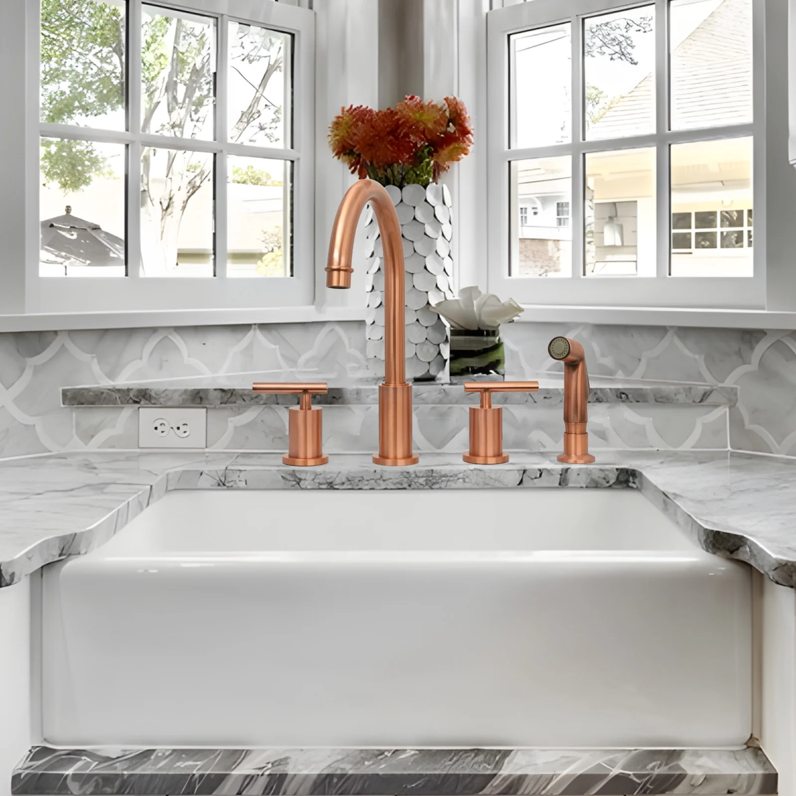 Akicon Two-Handles Copper Widespread Kitchen Faucet with Side Spray - 12.5