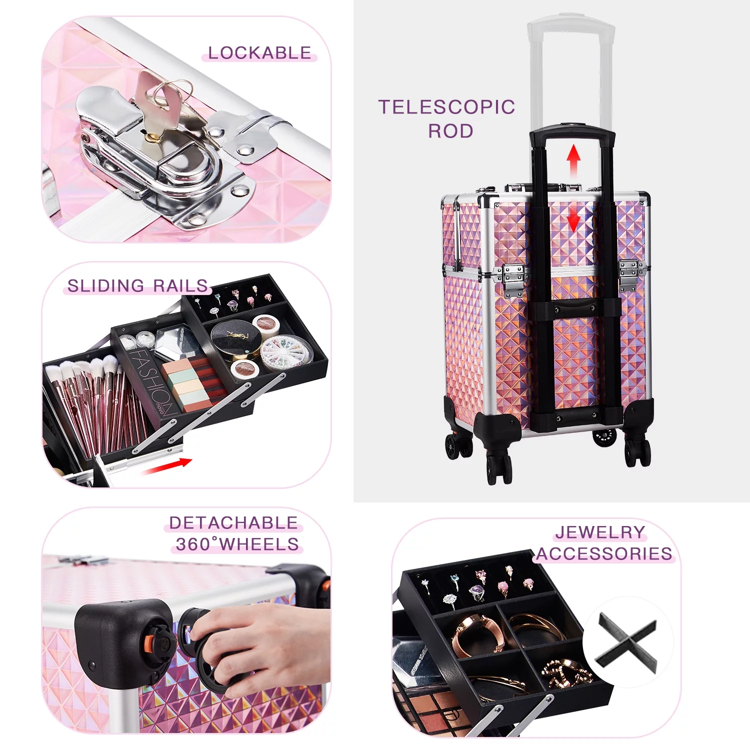 Joligrace Rolling Makeup Train Case Professional Cosmetic Trolley 4 Trays & 1 Cubby with Sliding Rail