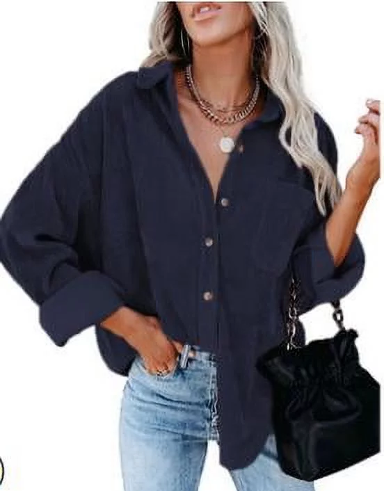Spring hue Women’s Solid Color Button Long Sleeve Corduroy Coat with Pockets