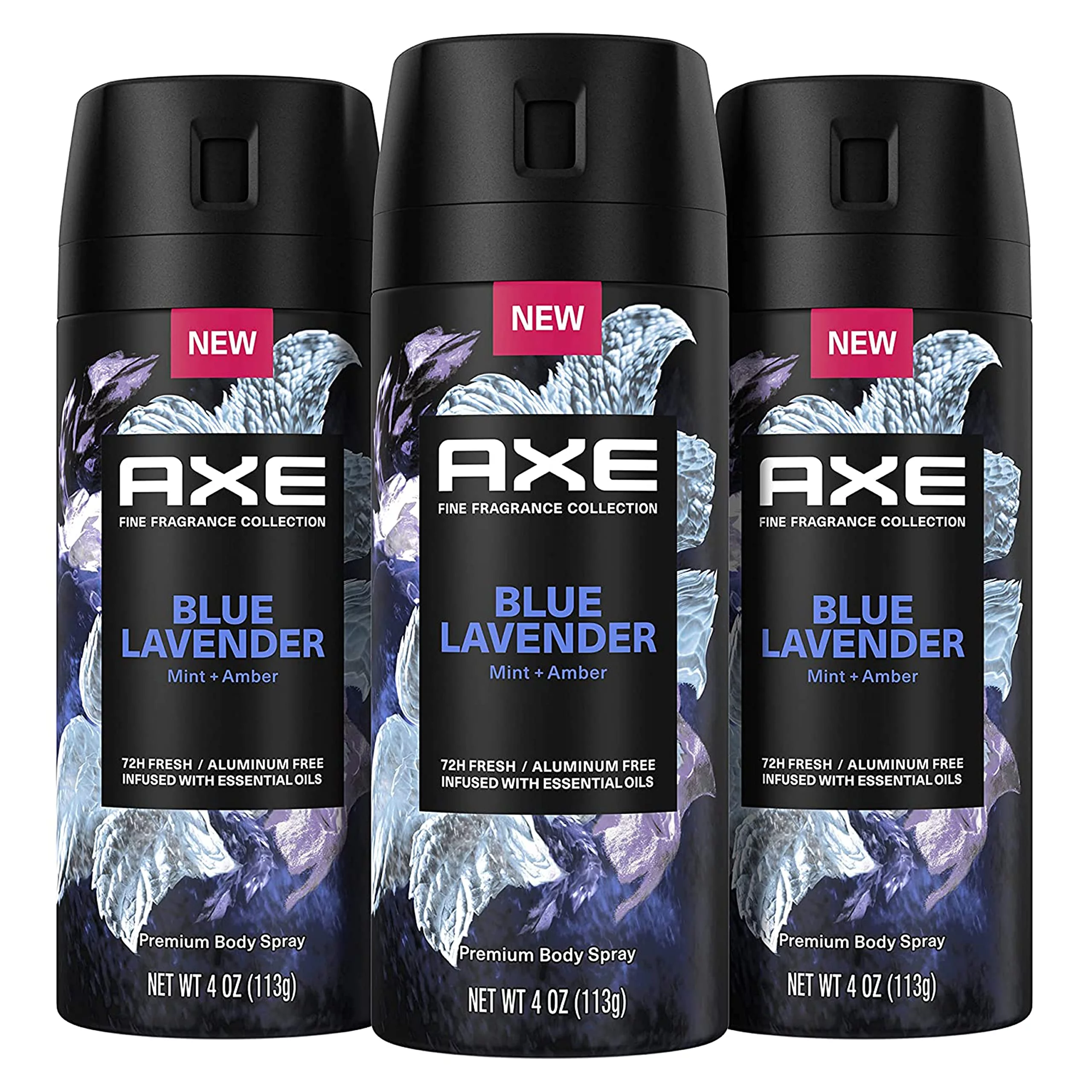 Axe Fine Fragrance Collection Premium Deodorant Body Spray For Men Blue Lavender 3 Count With 72H Odor Protection And Freshness Infused With Lavender, Mint, And Amber Essential Oils 4Oz.
