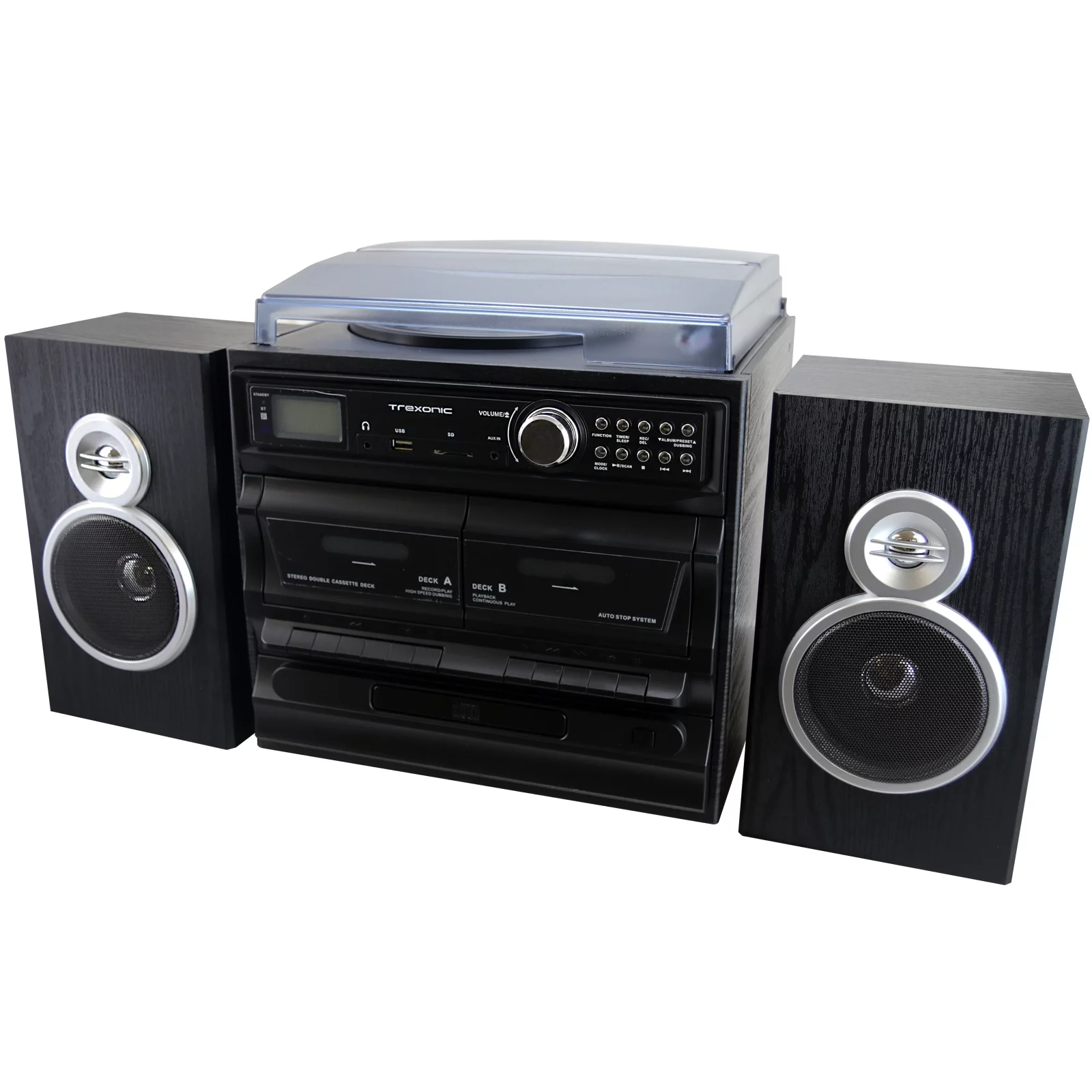 Trexonic 3-Speed Turntable with CD Player, Dual Cassette Player, BT, FM Radio & USB/SD Recording and Wired Shelf Speakers
