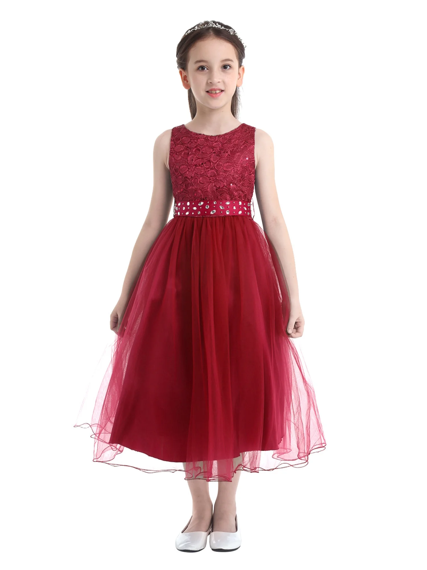 Aislor Kids Girls Christening Dress Flower Girls Rhinestone Belt Evening Gown 2-16 Burgundy 6