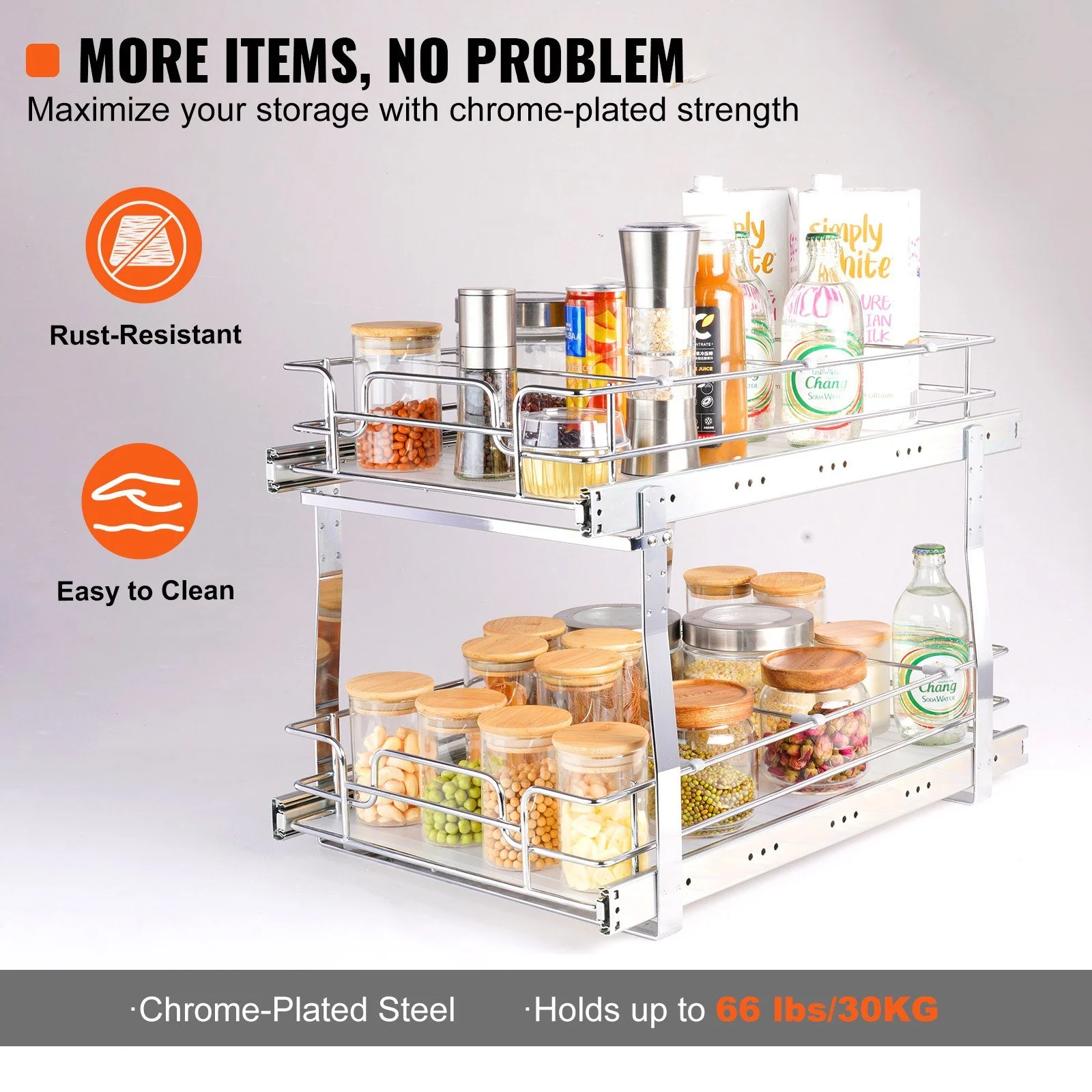 Vevor  14 x 21 in. 2 Tier Pull Out Cabinet Organizer - Heavy Duty Slide Out Pantry Shelves Sliding Drawer Storage for Inside Kitchen Cabinet - Bathroom & Under Sink, Silver