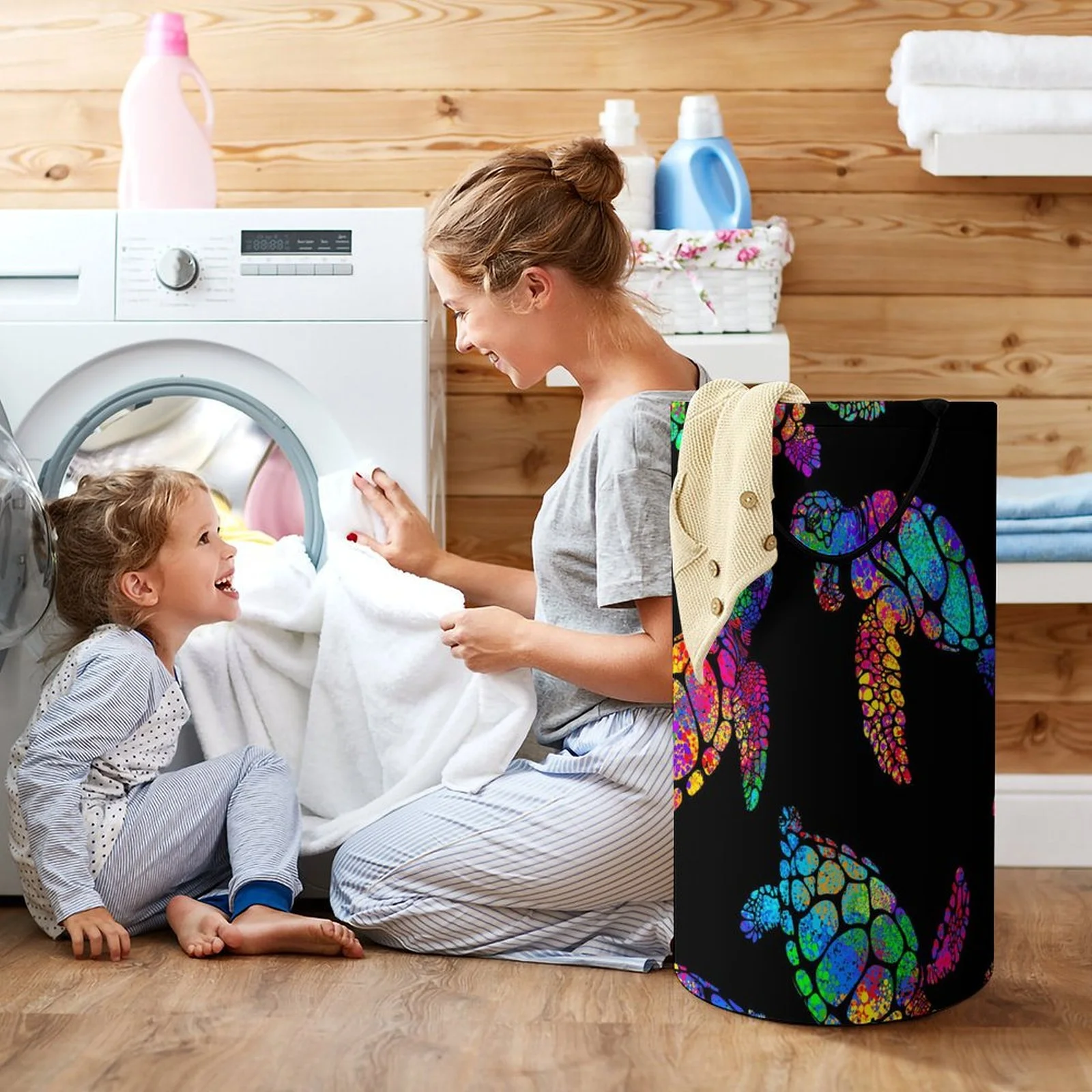 LAKIMCT Boho Style Sea Turtle Laundry Basket, 86.5L Tall Large Laundry Hamper Dirty Clothes Baskets with Handle, Foldable Waterproof Storage Basket