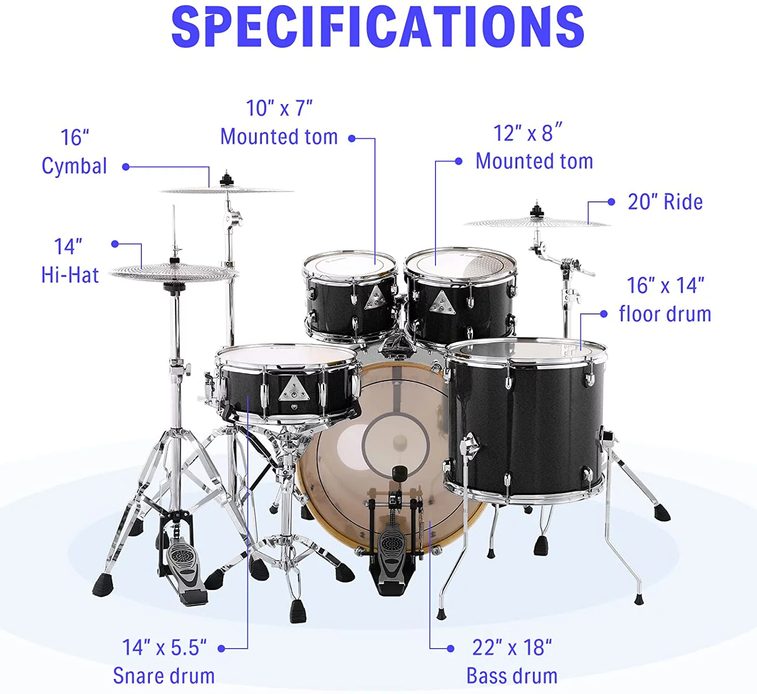 Donner Drum Set Adult with Silent System, 5-Piece Full Size Professional Drum Kit Black