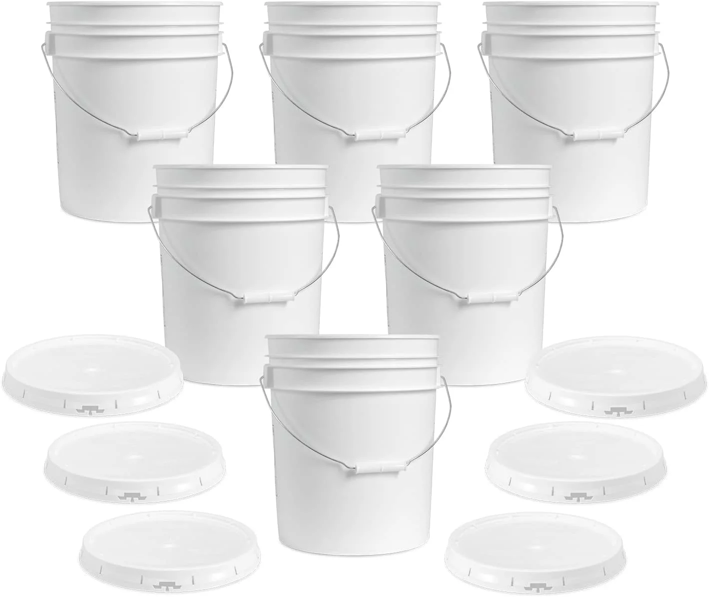 5-Gallon White Plastic Bucket with Lid - Durable 90 Mil All Purpose Pail - Food Grade - Contains No BPA Plastic - Recyclable - Made in USA - 6 Count