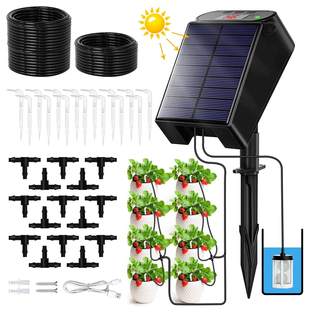Solar Drip Irrigation System,Indoor Outdoor Automatic Plant Self Watering Devices with 8 Timing Modes, Supported 10-15 Pots