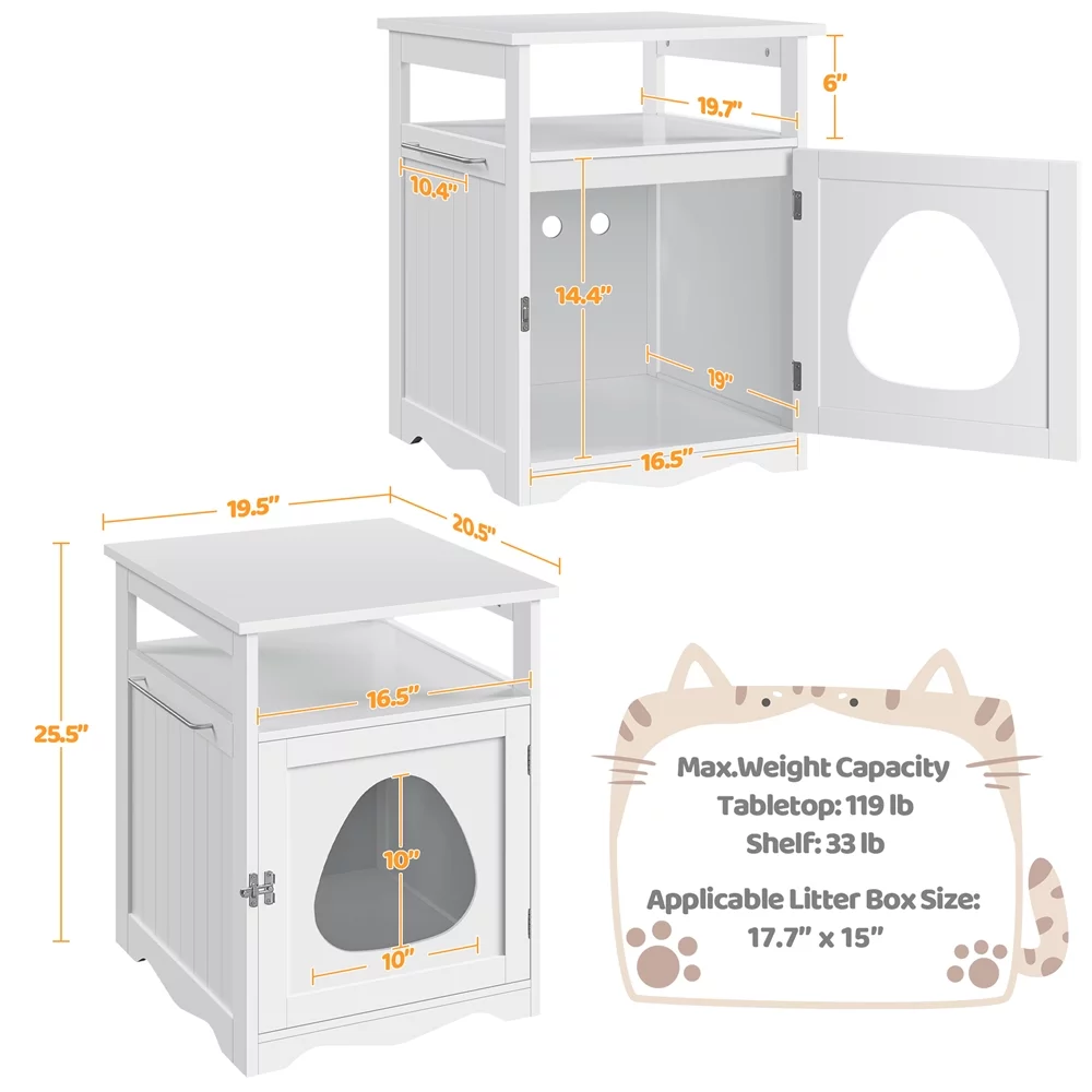 Topeakmart Indoor Wooden Cat Litter Box Enclosure with Open Shelf, White