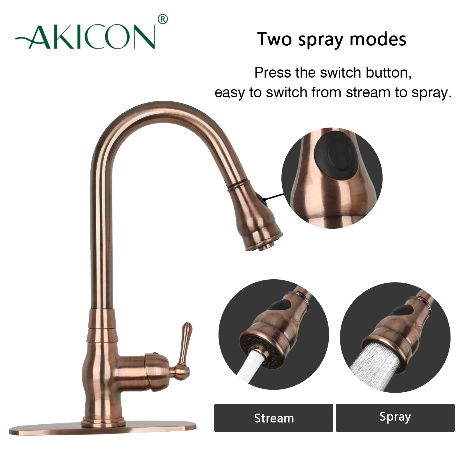 Akicon Pull Out Kitchen Faucet with Deck Plate, Single Level Solid Brass Kitchen Sink Faucets with Pull Down Sprayer - Antique Copper