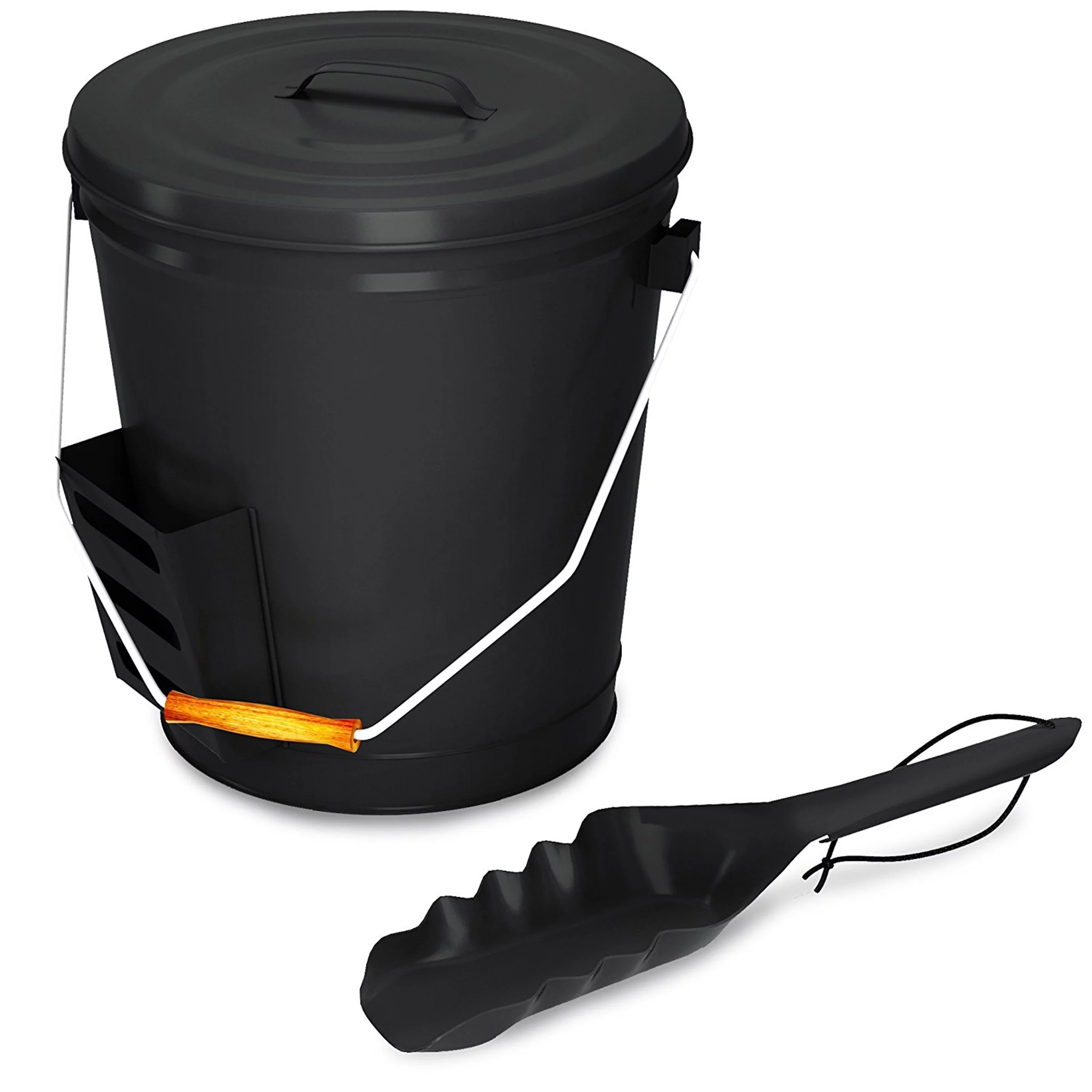 Home-Complete 4.75-Gallon Metal Ash Bucket with Lid and Shovel (Black)