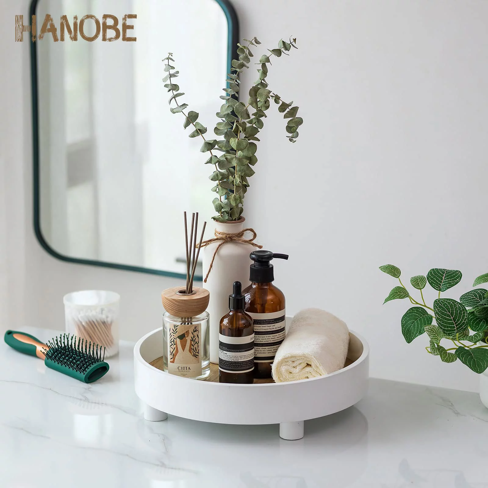 Hanobe Round Decorative Vanity Tray Bathroom Perfume Trays Circle White Pedestal Stand Wood Riser for Display Decor Dresser