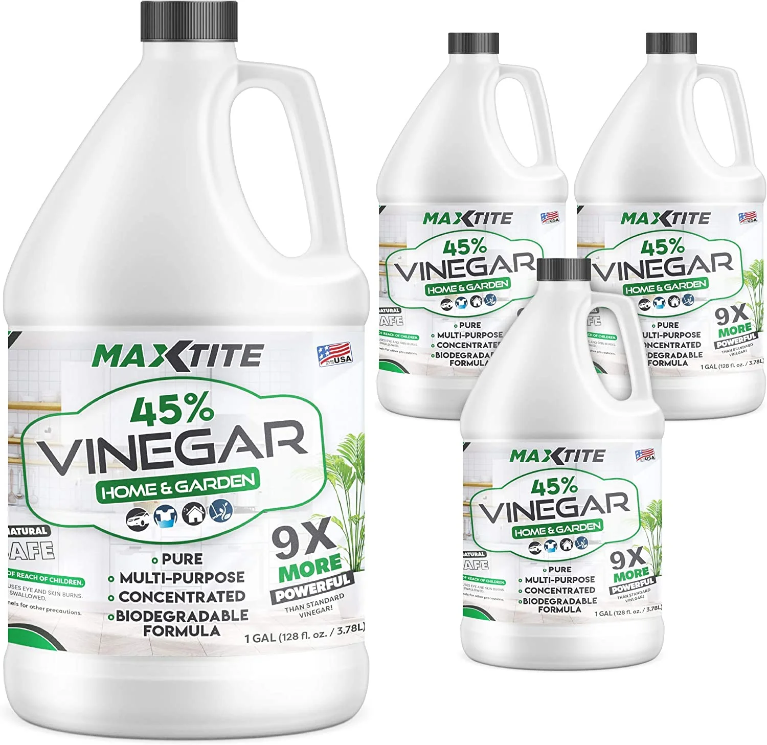 MAXTITE Ultra-Strength 45% Vinegar for Home & Garden Cleaning (4 Pack of 1 Gallon Bottles)